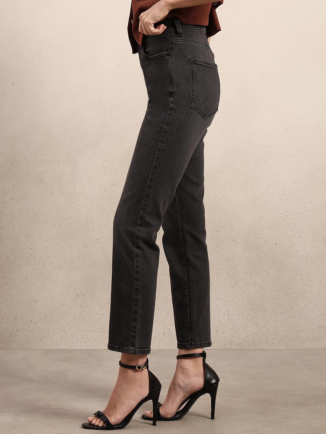 Dark Grey Mid Rise Straight Fit Jeans