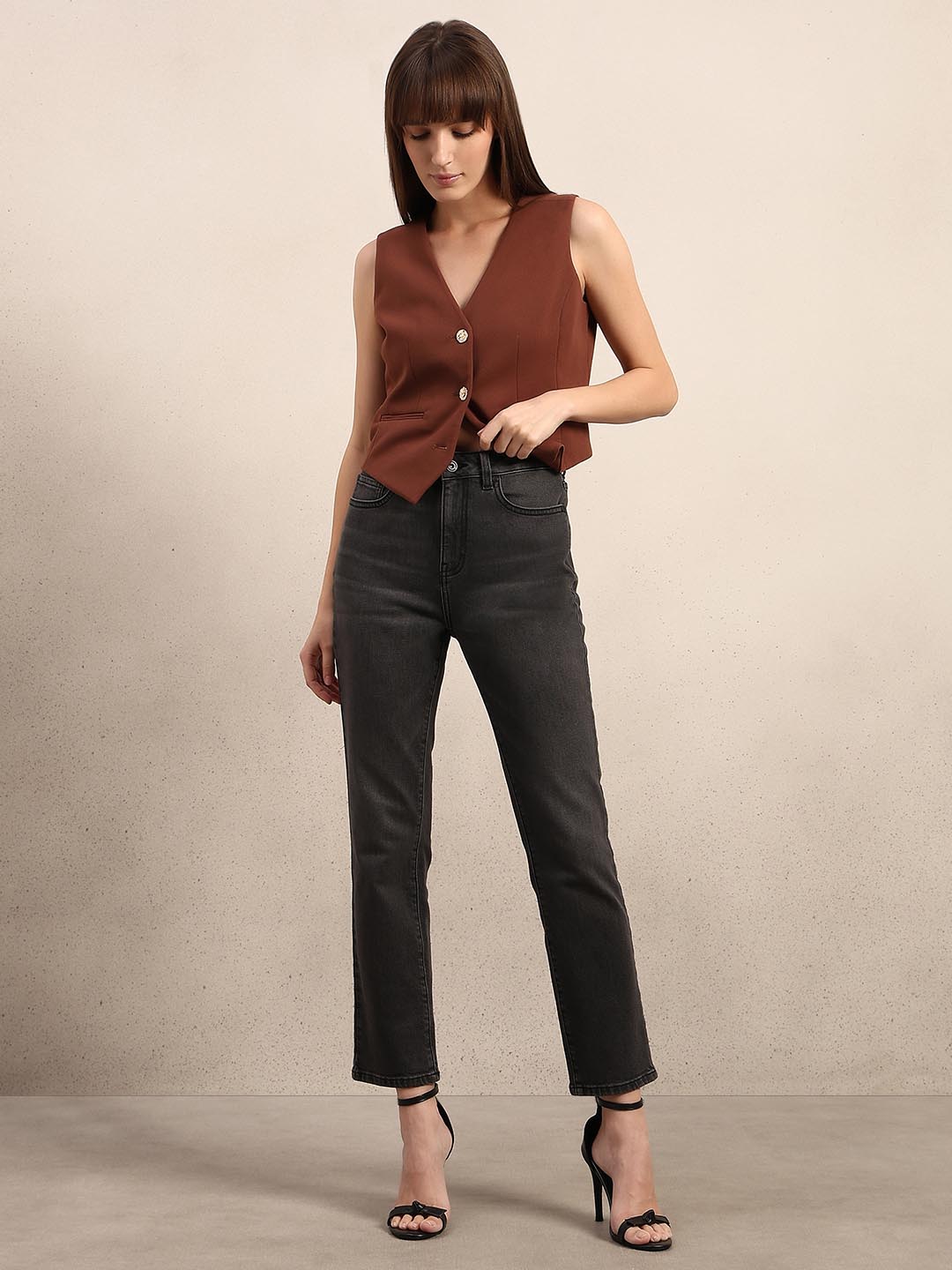 Dark Grey Mid Rise Straight Fit Jeans