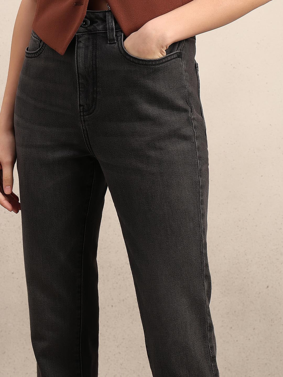 Dark Grey Mid Rise Straight Fit Jeans