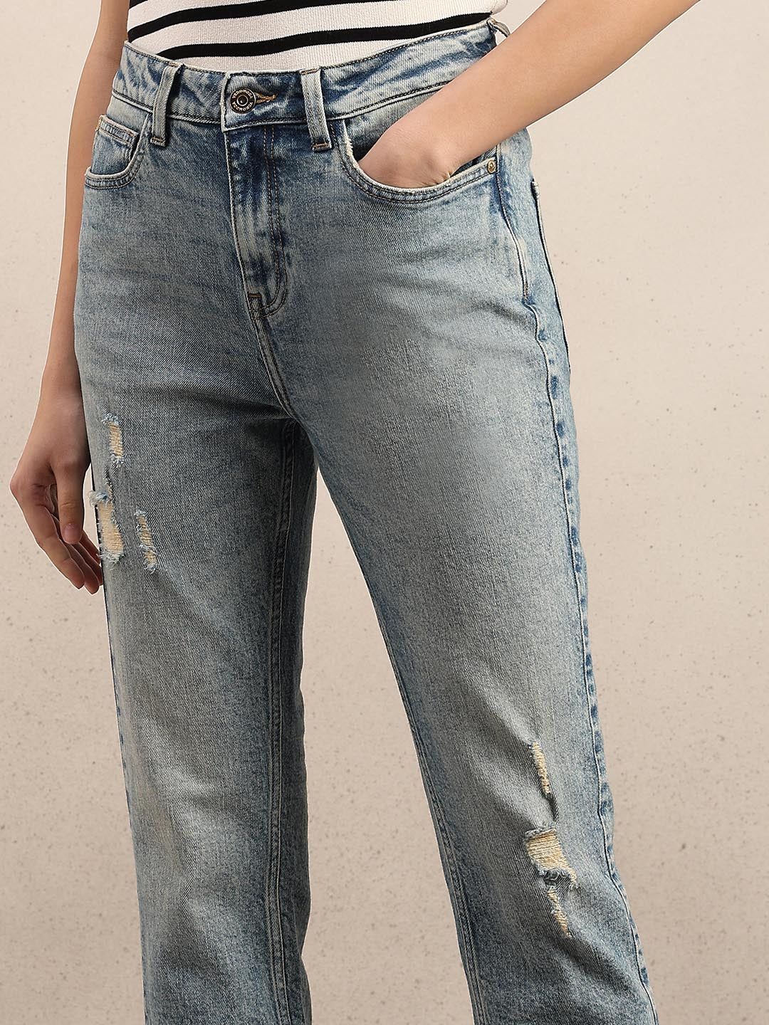 Light Blue Distressed Straight Fit Jeans