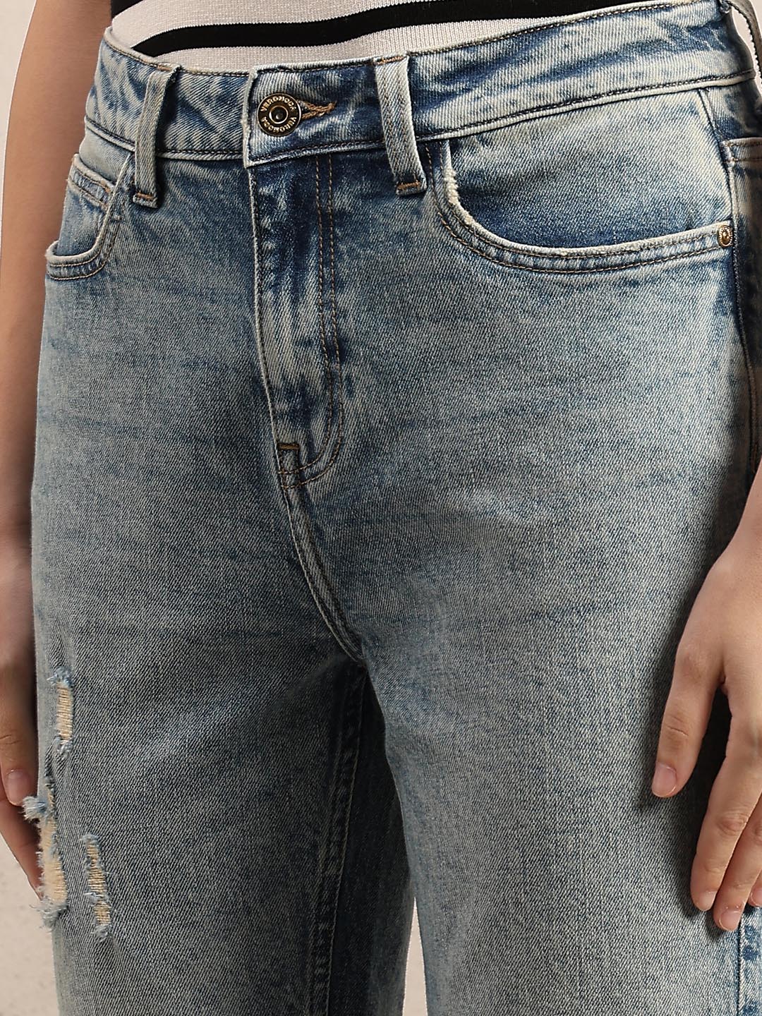 Light Blue Distressed Straight Fit Jeans