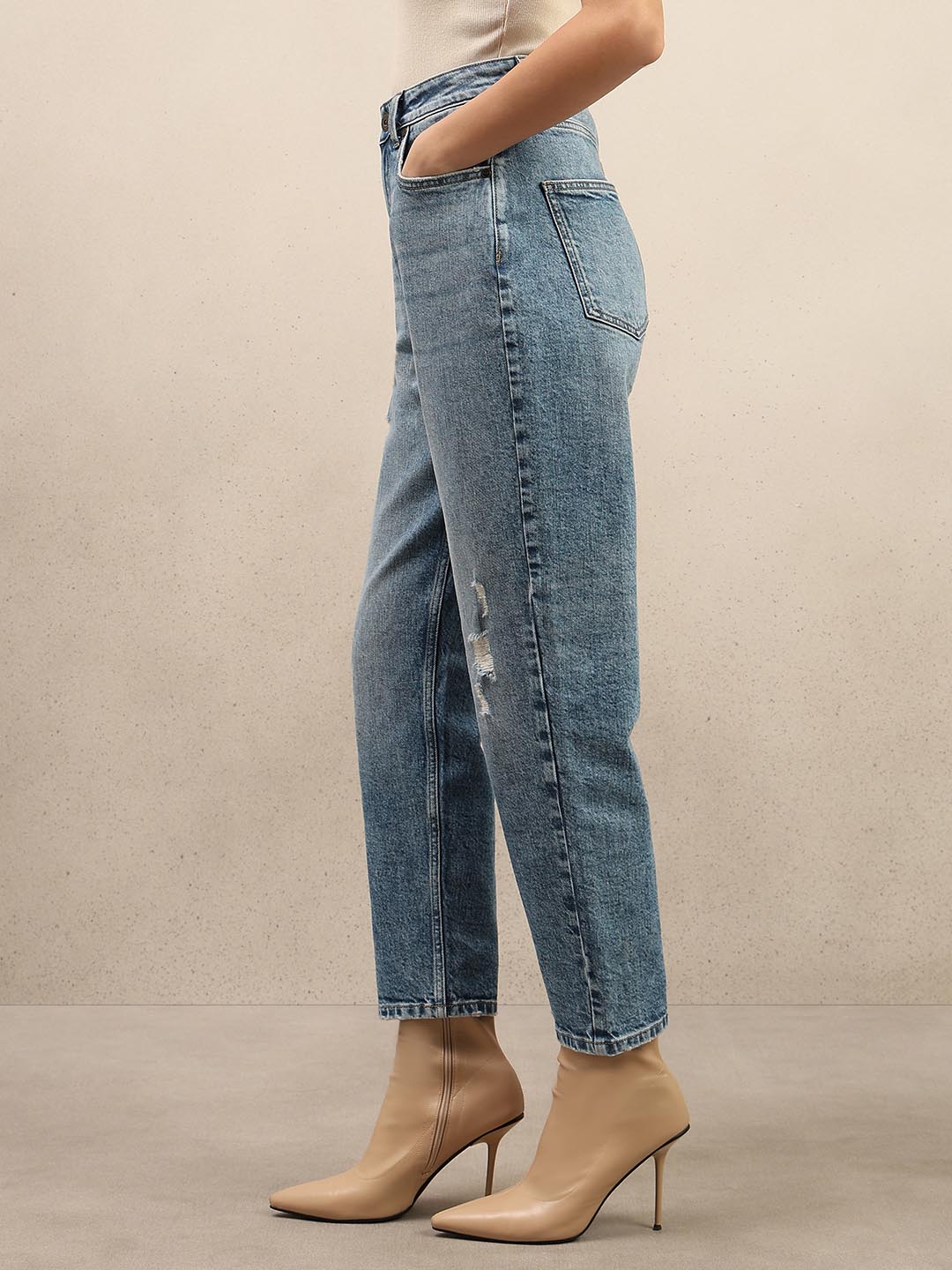 Blue Mid Rise Mom Fit Jeans