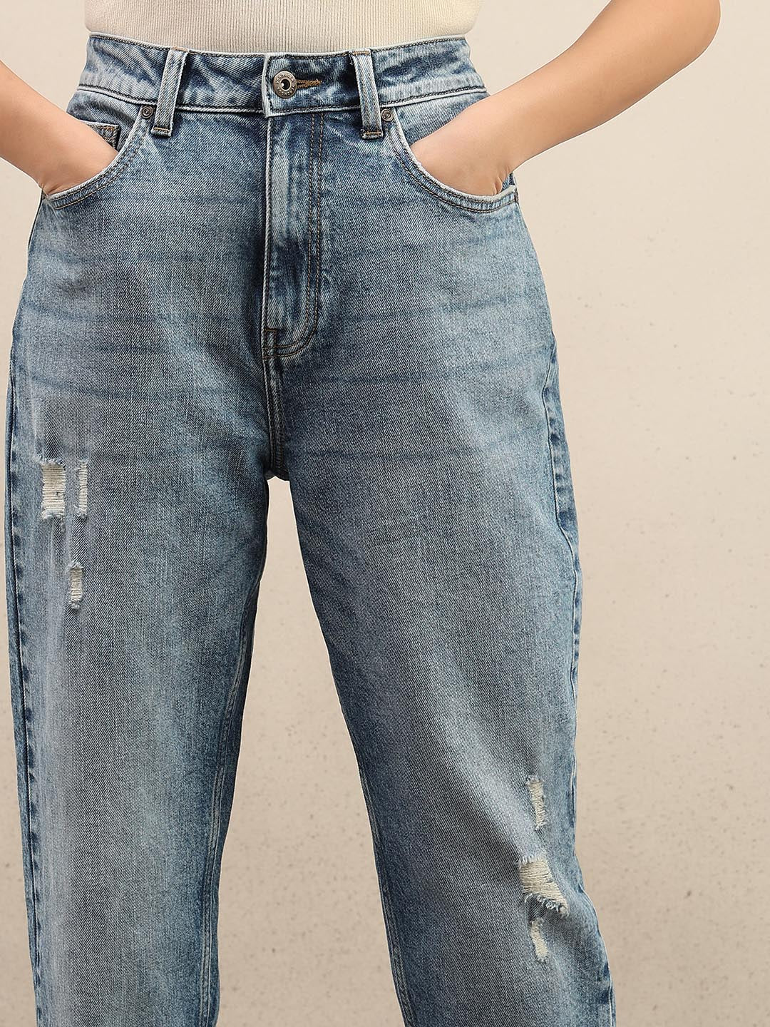 Blue Mid Rise Mom Fit Jeans