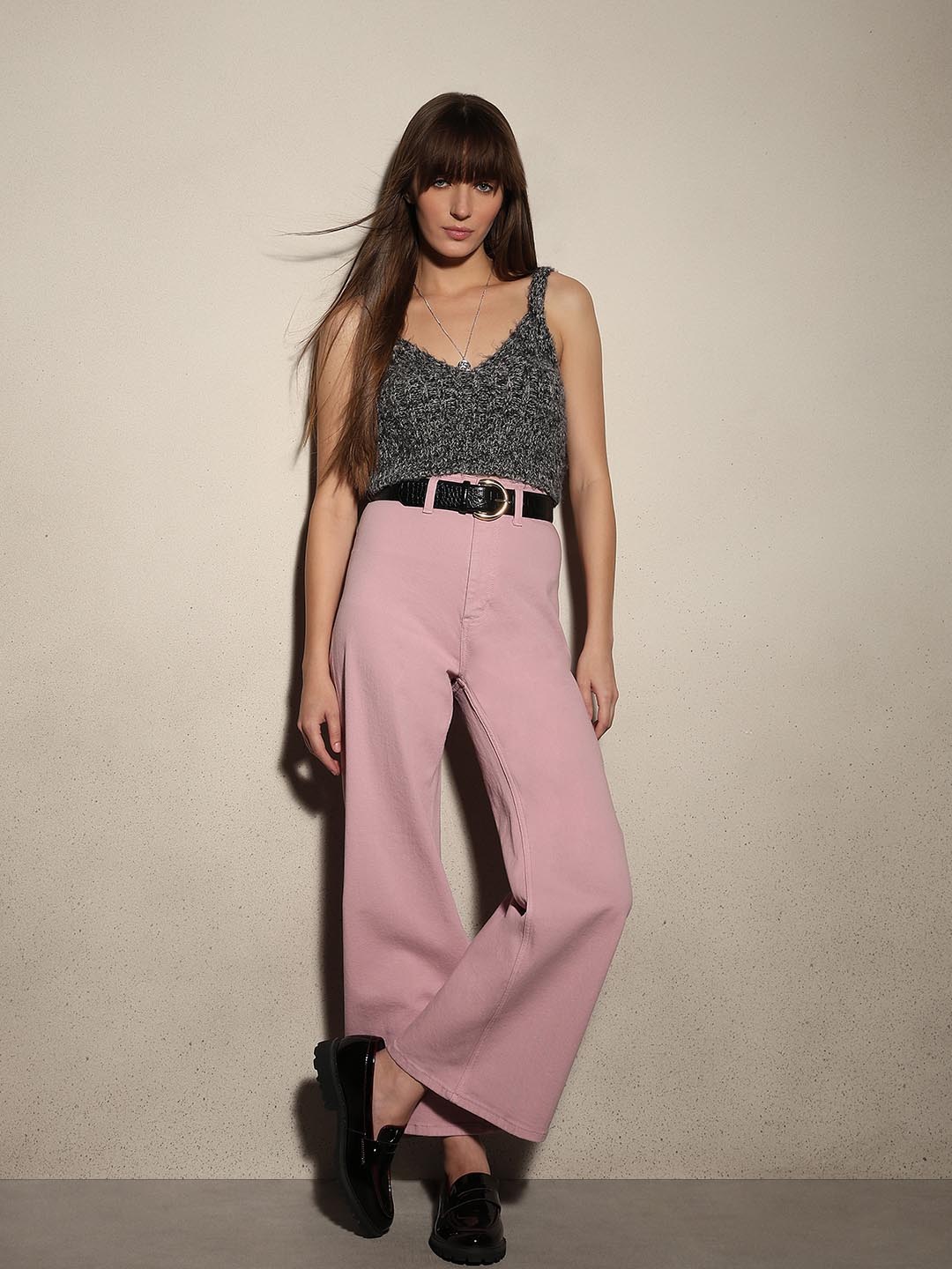 Pink Wide Leg Mid Rise Jeans