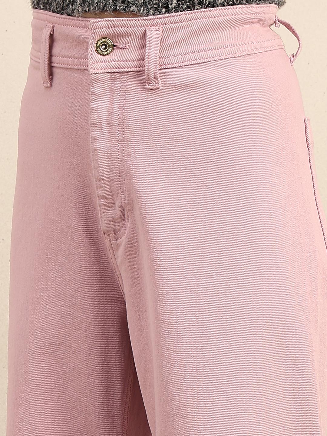 Pink Wide Leg Mid Rise Jeans