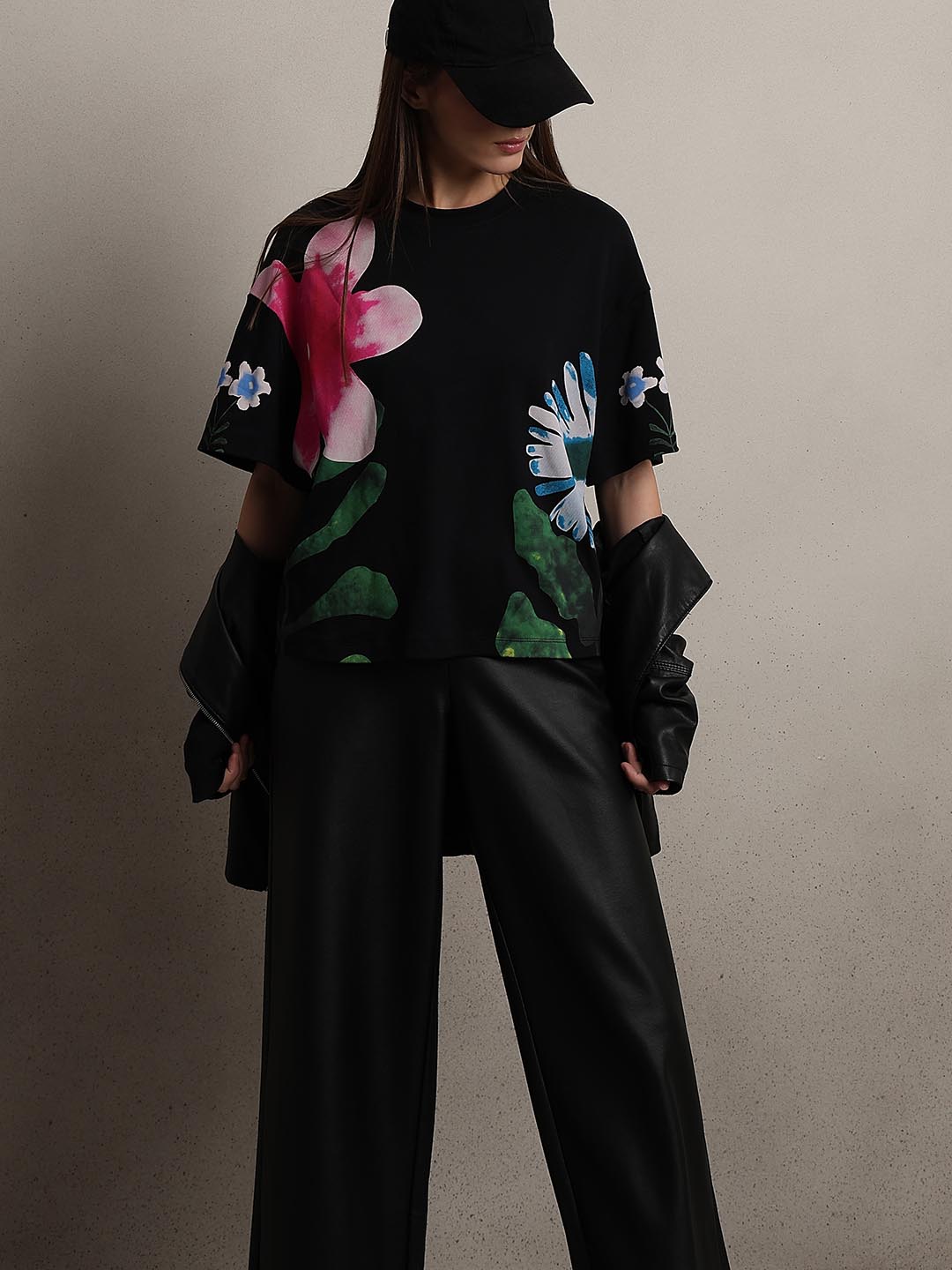 Black Floral Cotton T-shirt