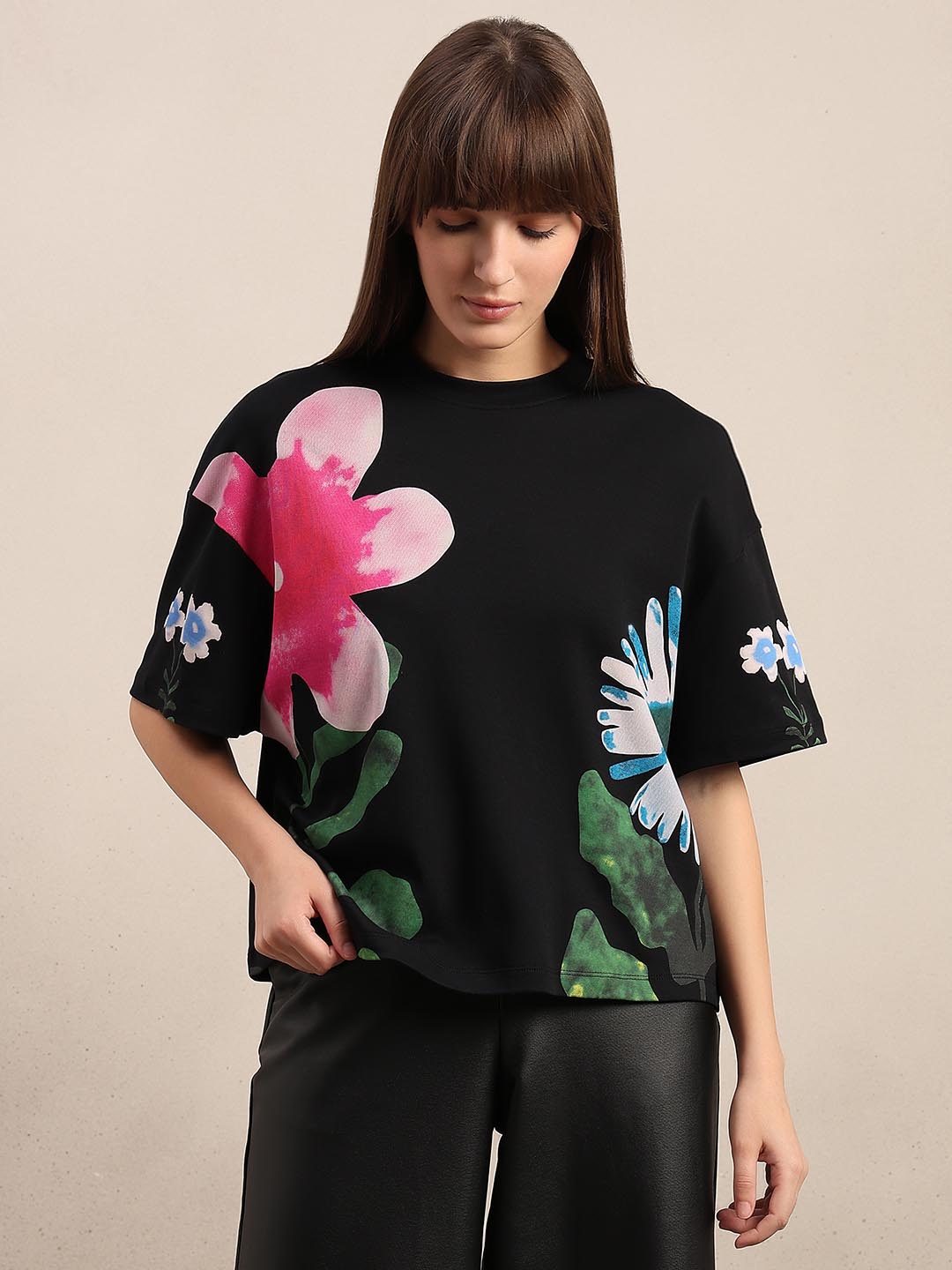 Black Floral Cotton T-shirt