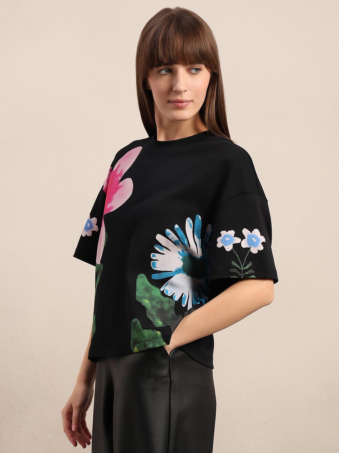 Black Floral Cotton T-shirt