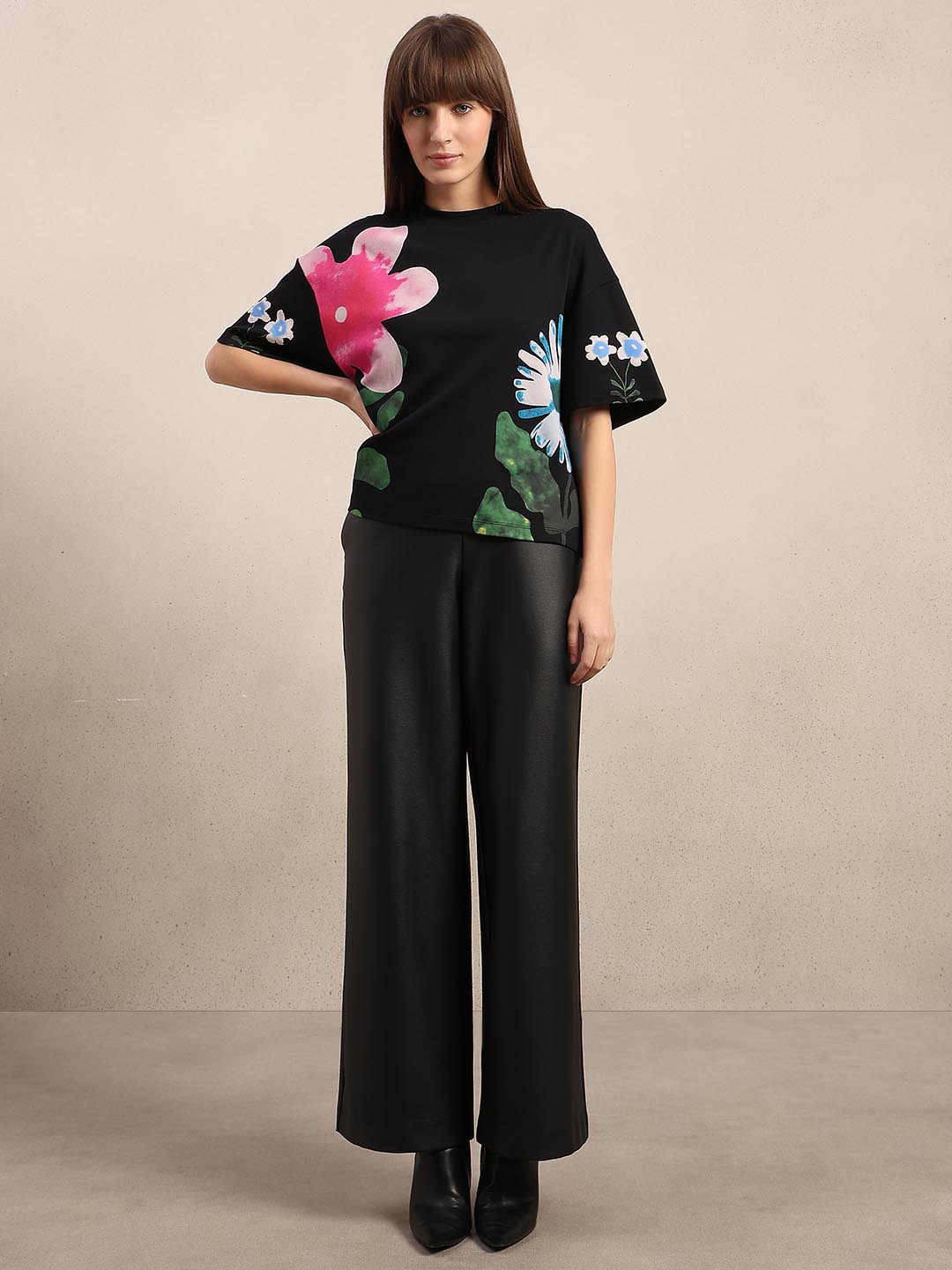 Black Floral Cotton T-shirt