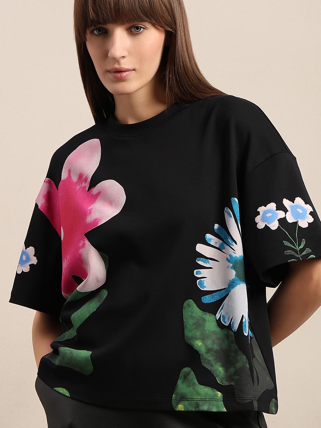 Black Floral Cotton T-shirt
