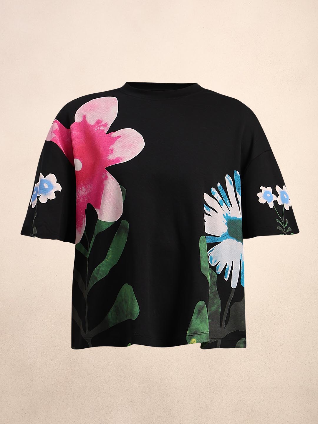 Black Floral Cotton T-shirt