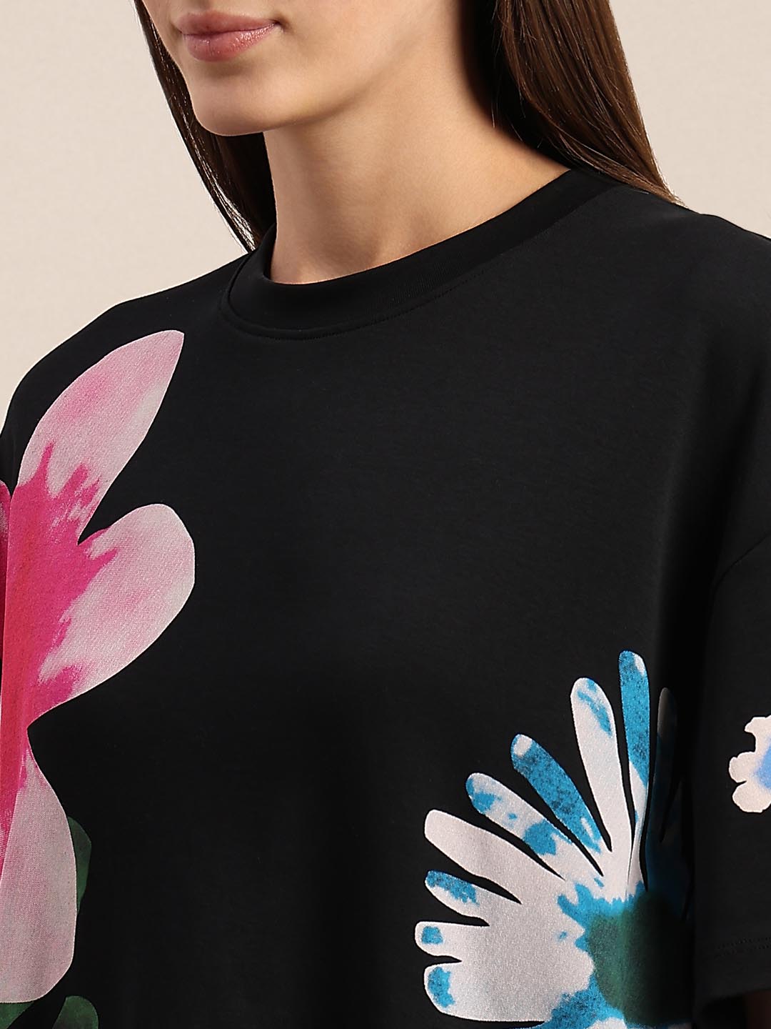 Black Floral Cotton T-shirt