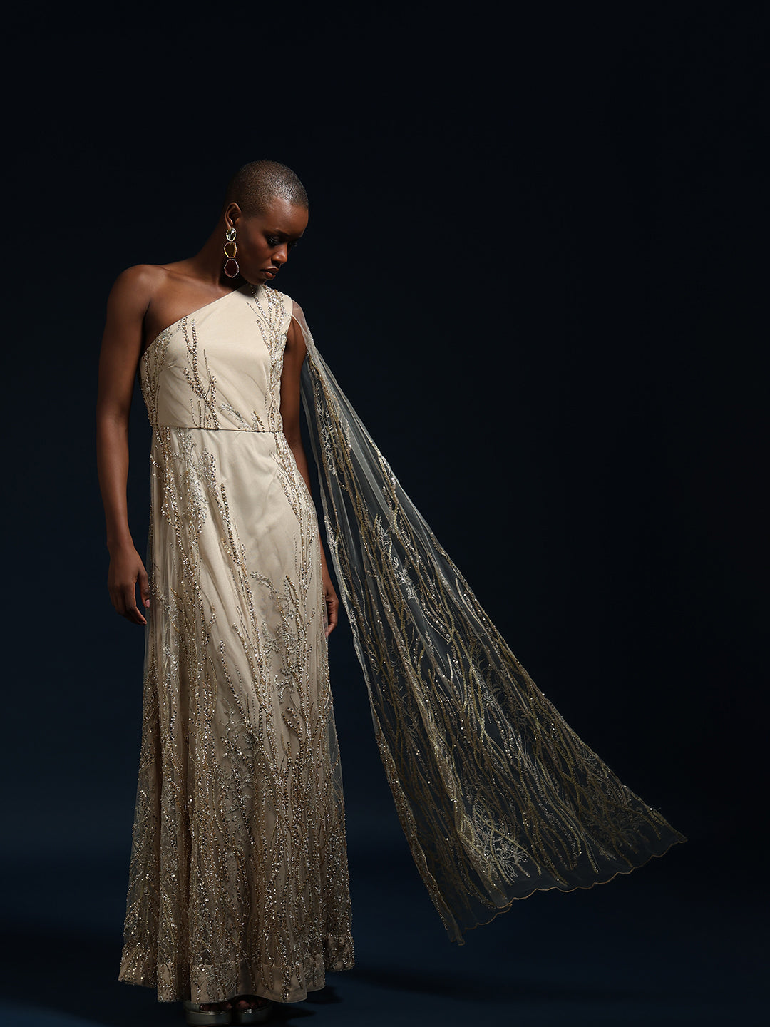 Marquee One-Shoulder Embellished Gown