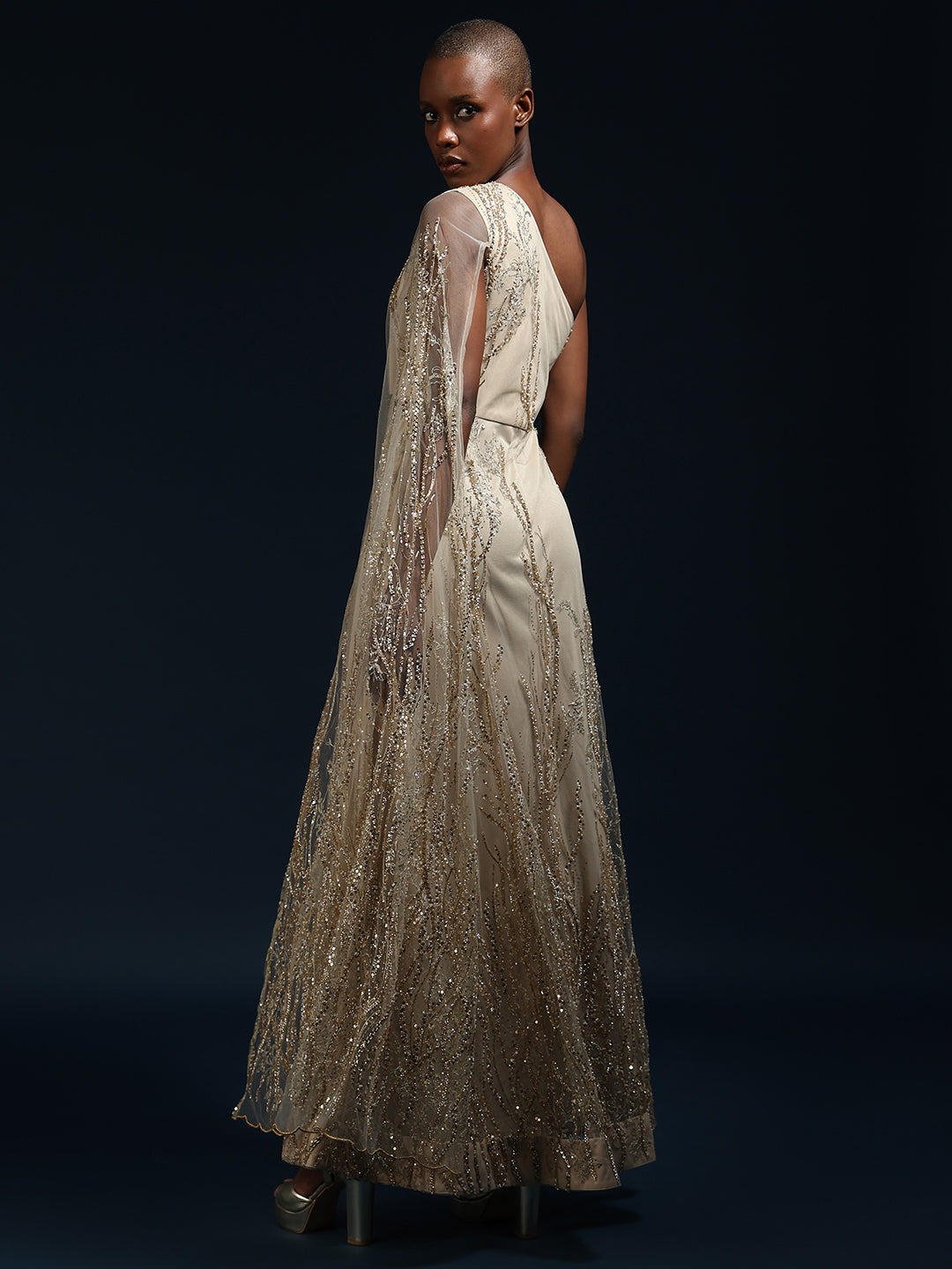 Marquee One-Shoulder Embellished Gown