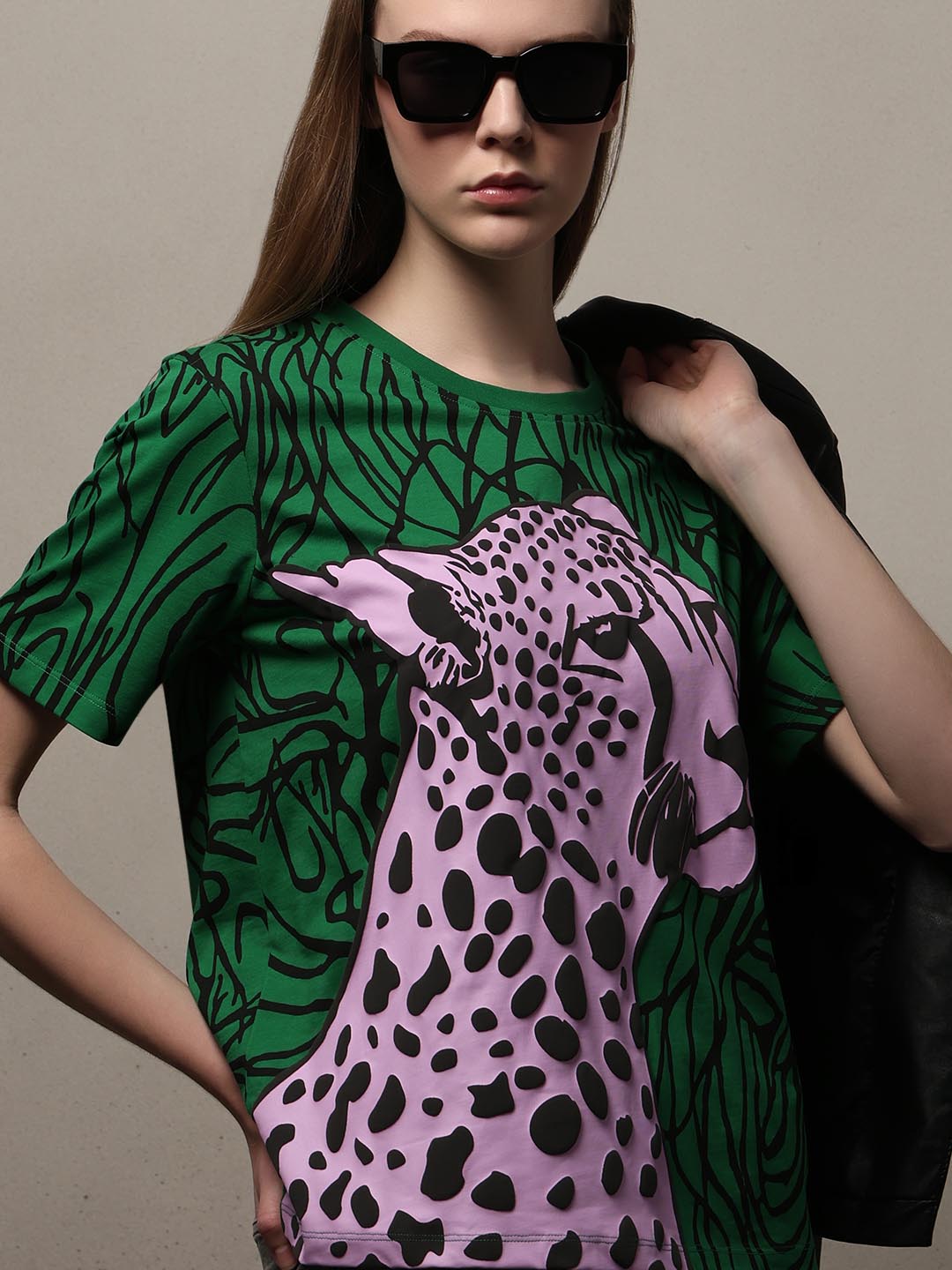 Green Animal Print Cotton T-shirt