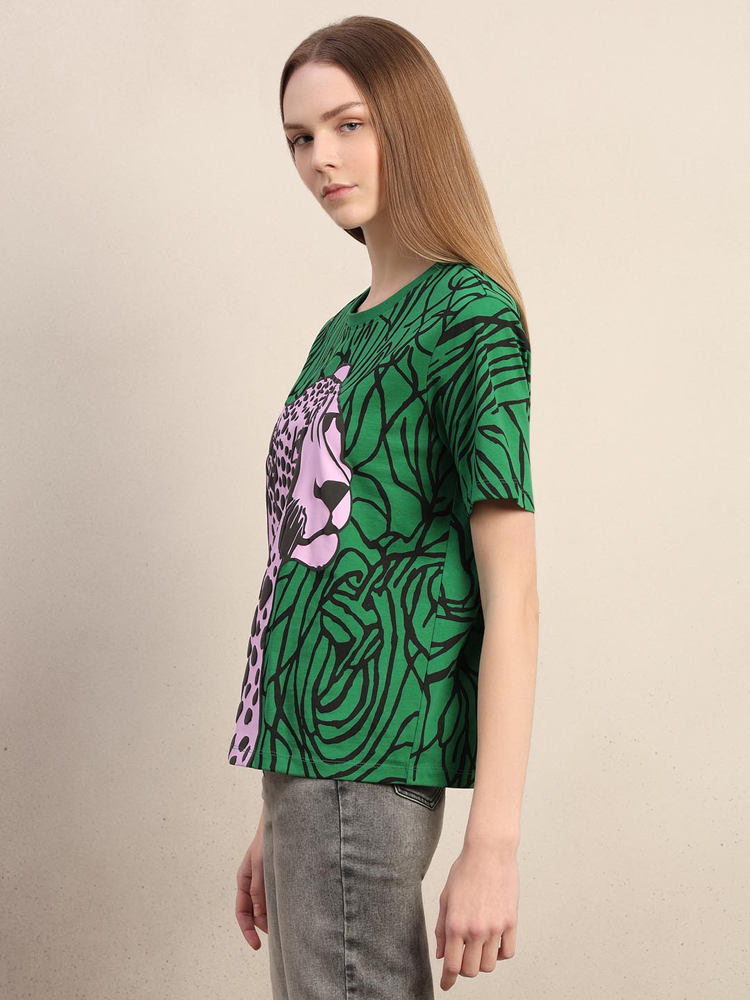 Green Animal Print Cotton T-shirt