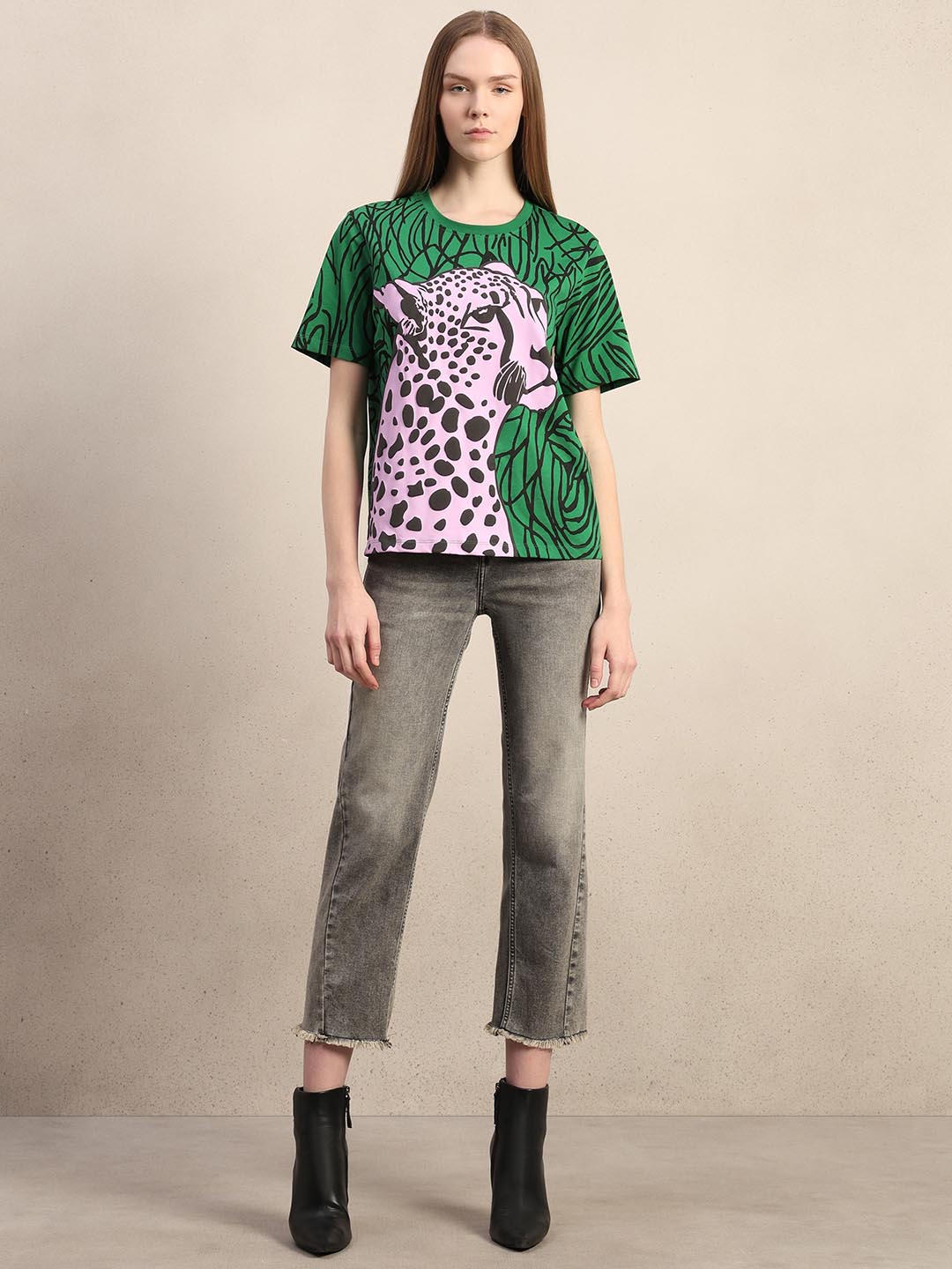 Green Animal Print Cotton T-shirt