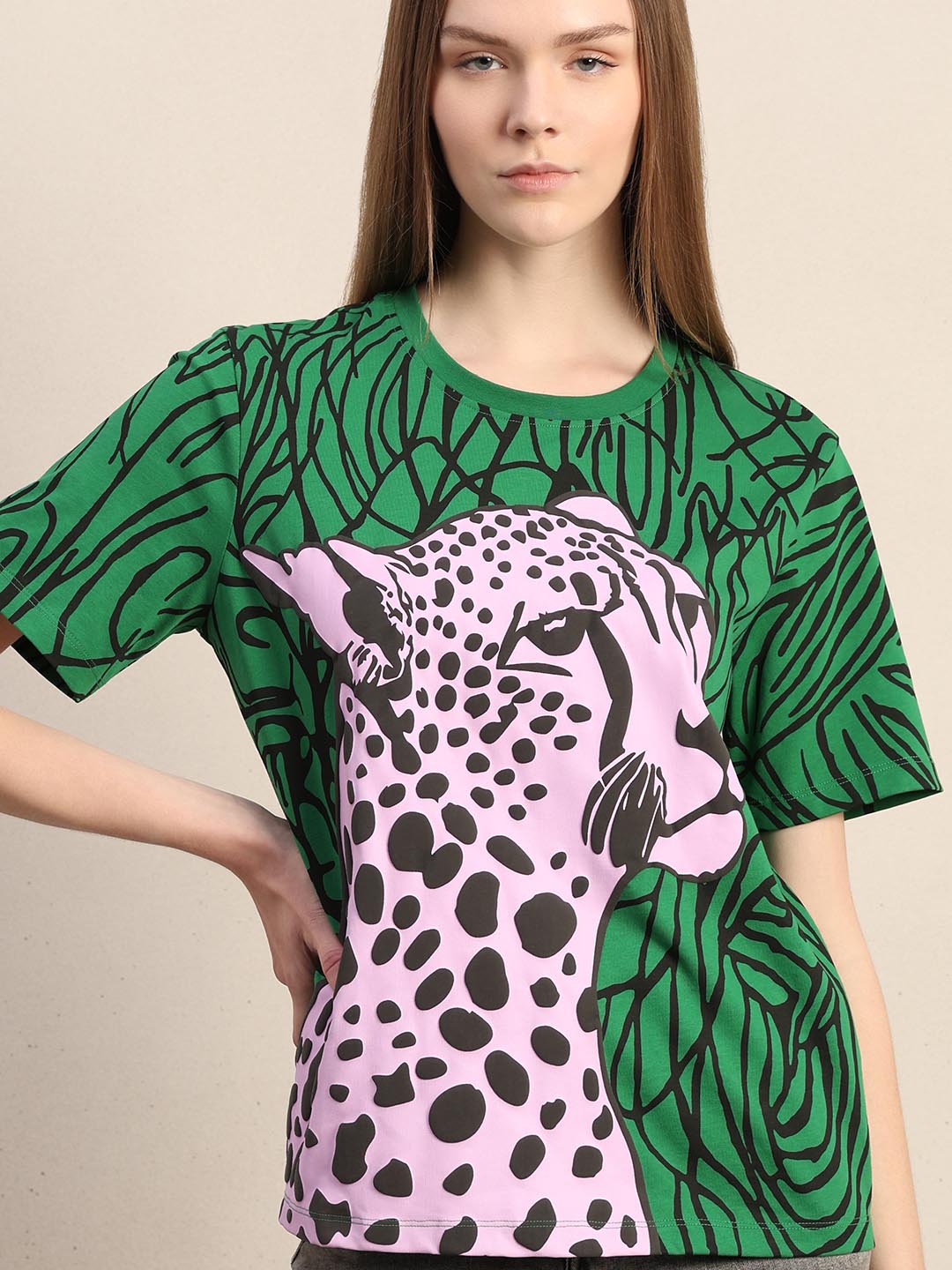 Green Animal Print Cotton T-shirt