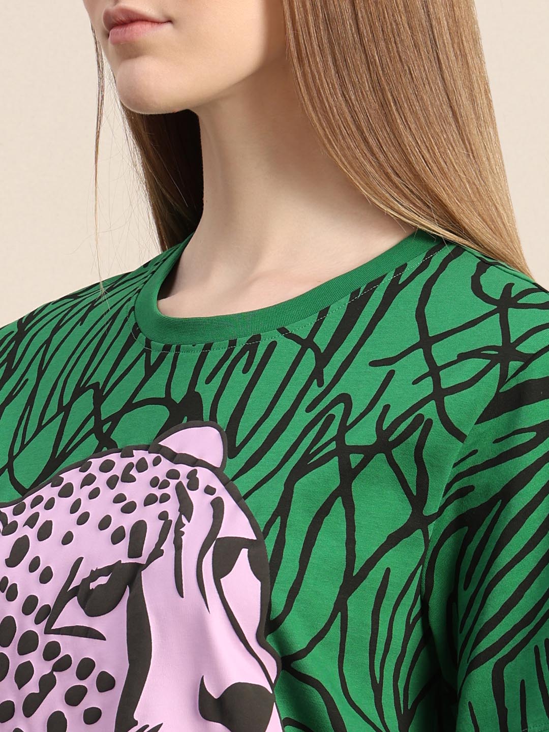 Green Animal Print Cotton T-shirt