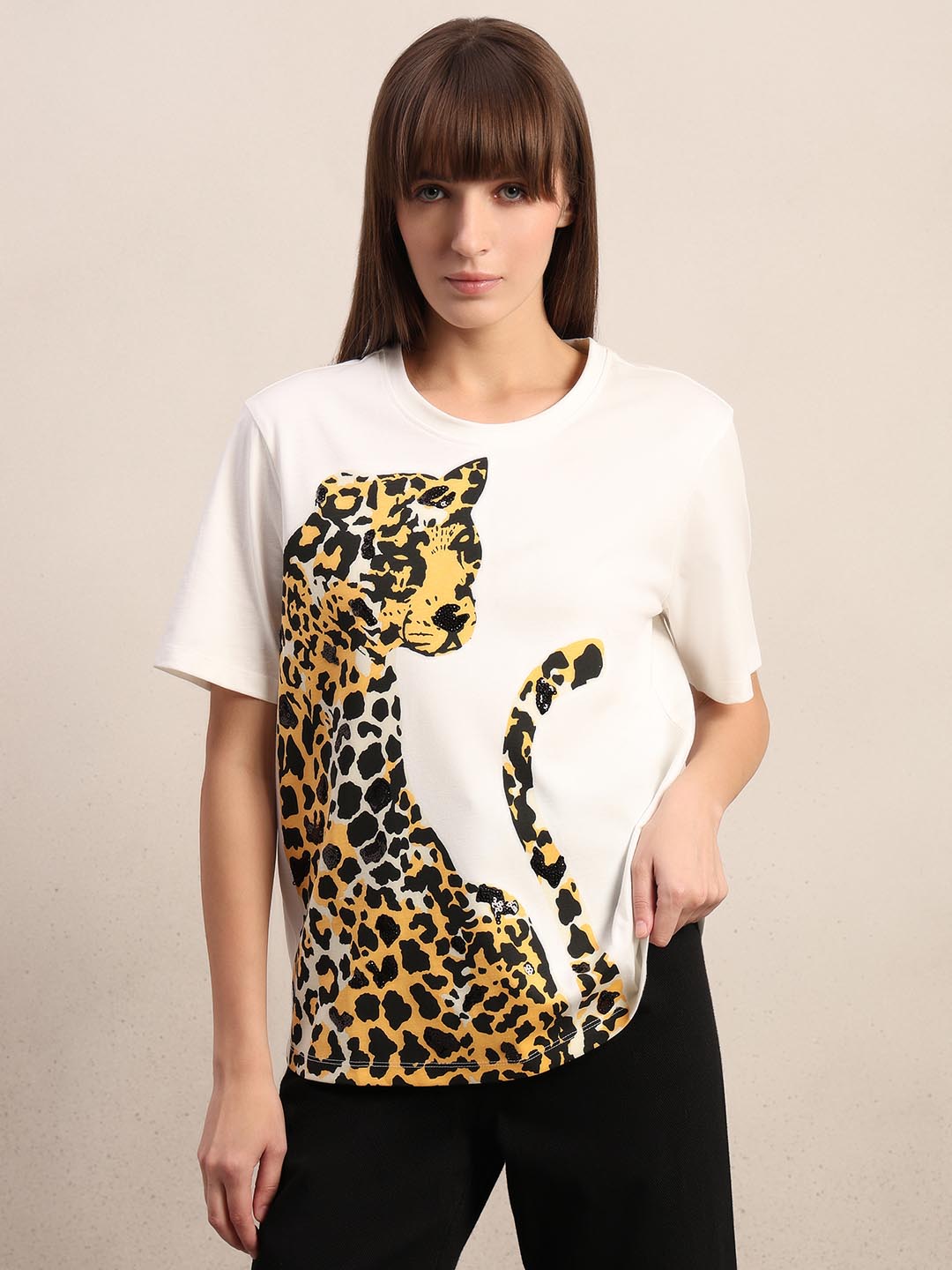 White Animal Print Cotton T-shirt