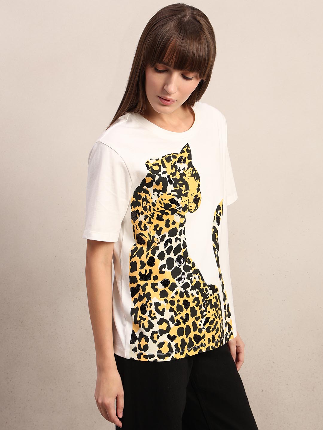 White Animal Print Cotton T-shirt