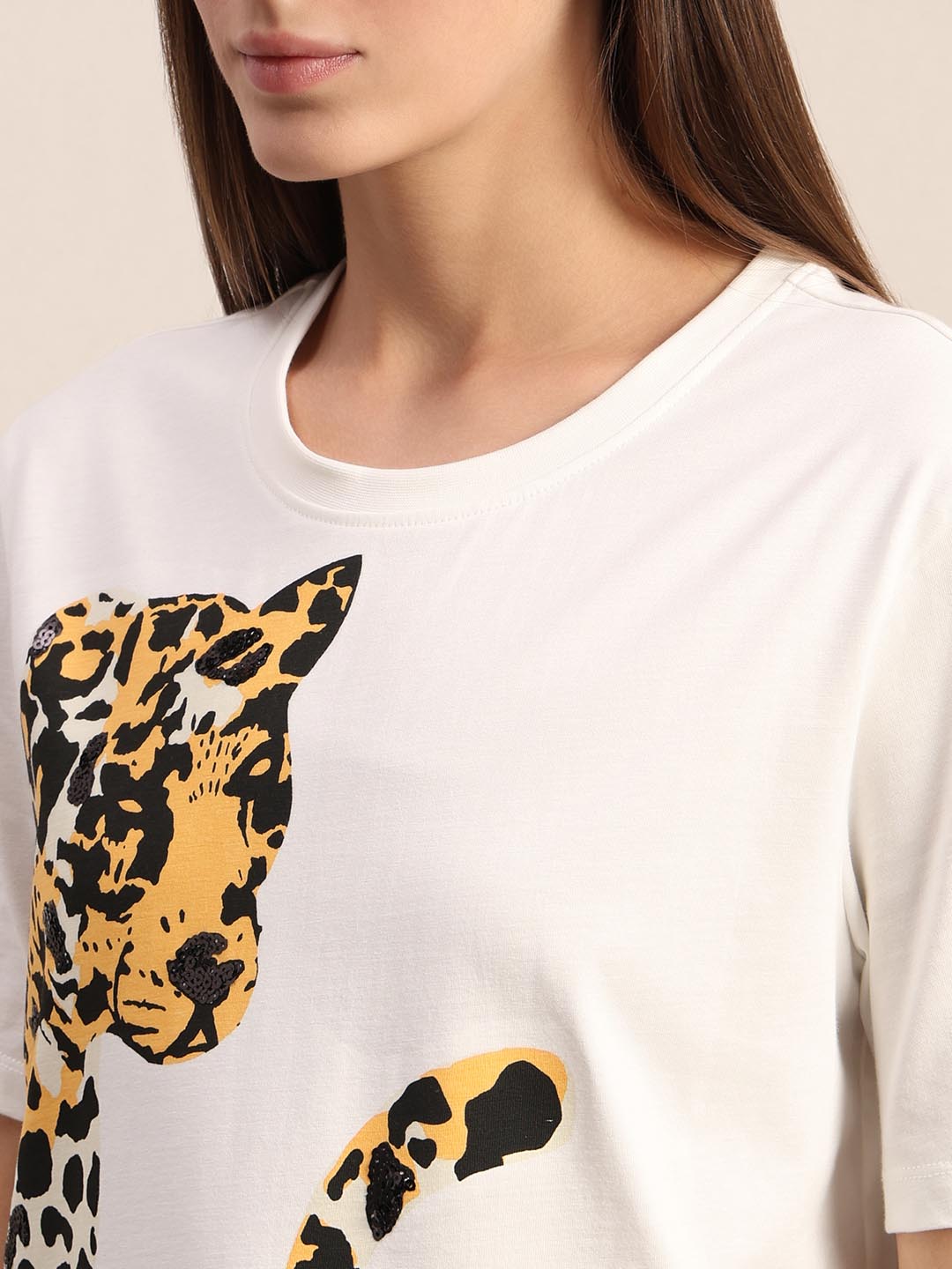 White Animal Print Cotton T-shirt