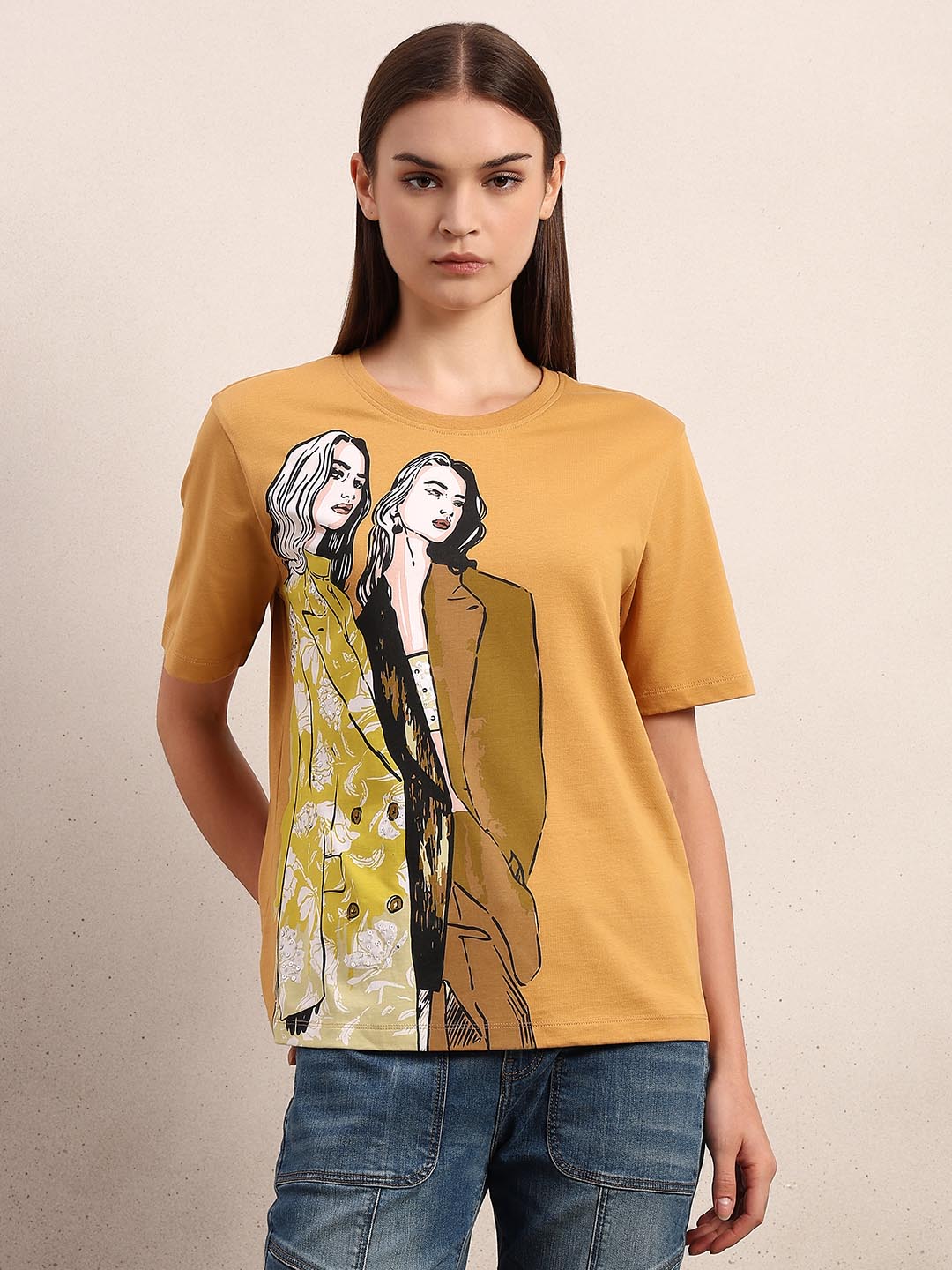 Mustard Printed Cotton T-shirt