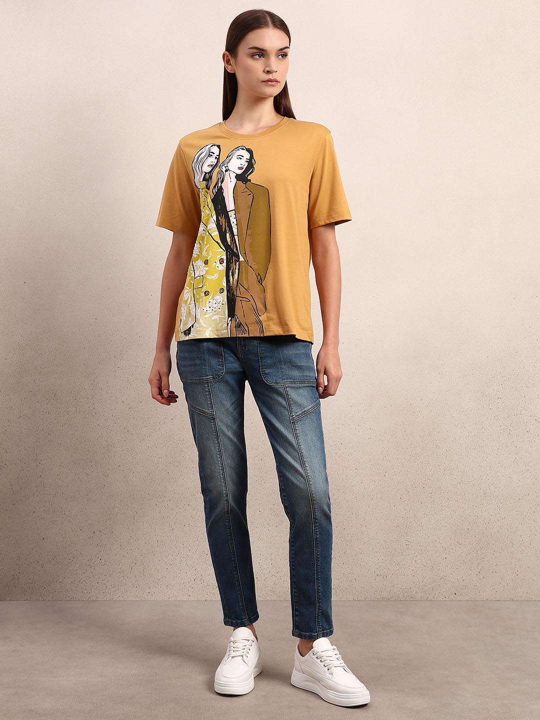Mustard Printed Cotton T-shirt