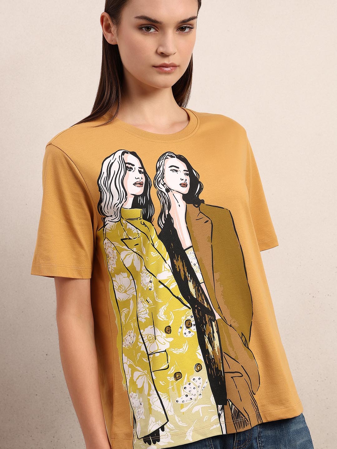 Mustard Printed Cotton T-shirt