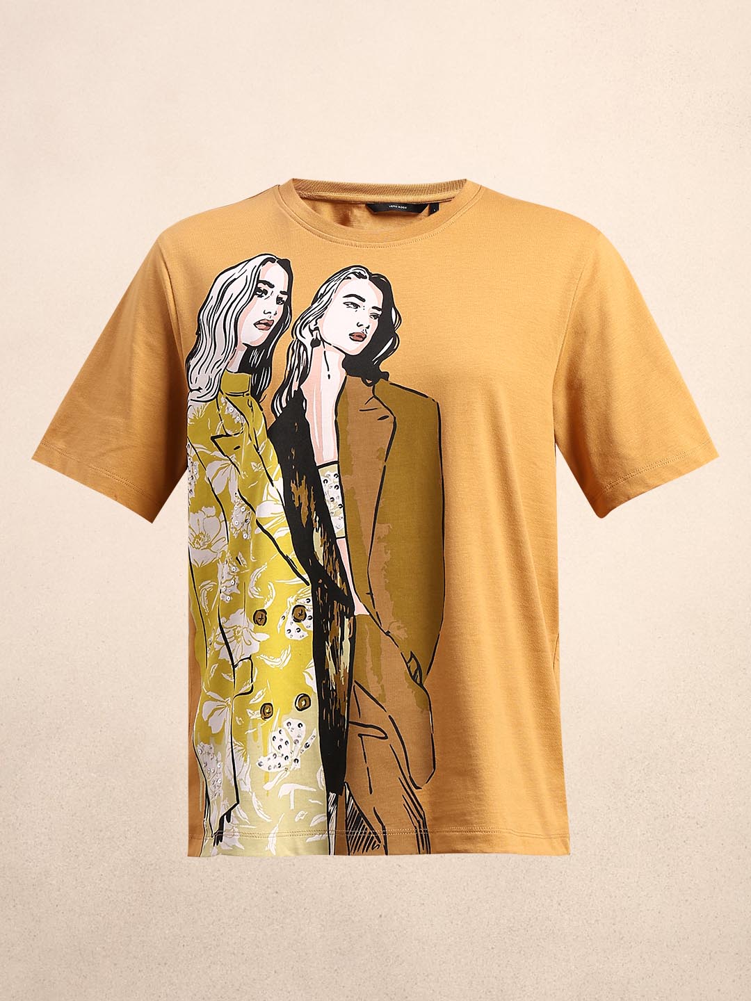 Mustard Printed Cotton T-shirt