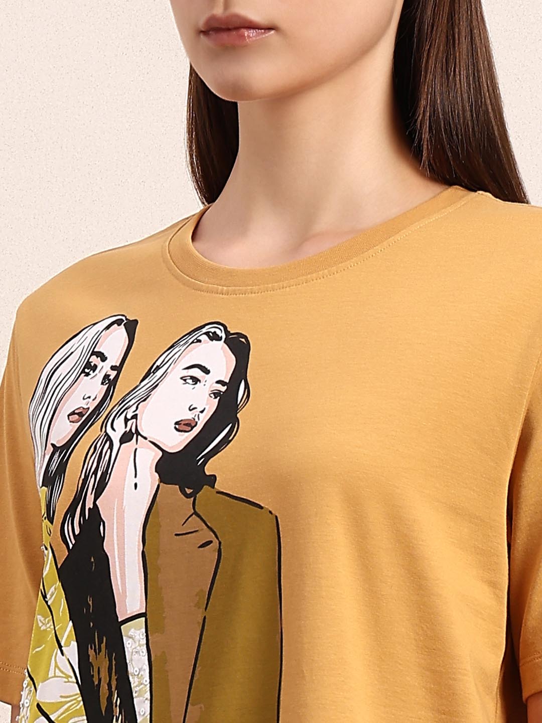 Mustard Printed Cotton T-shirt