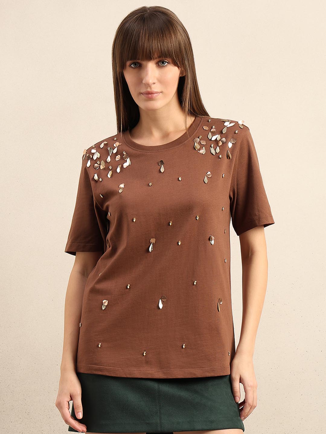 Brown Embellished Cotton T-shirt