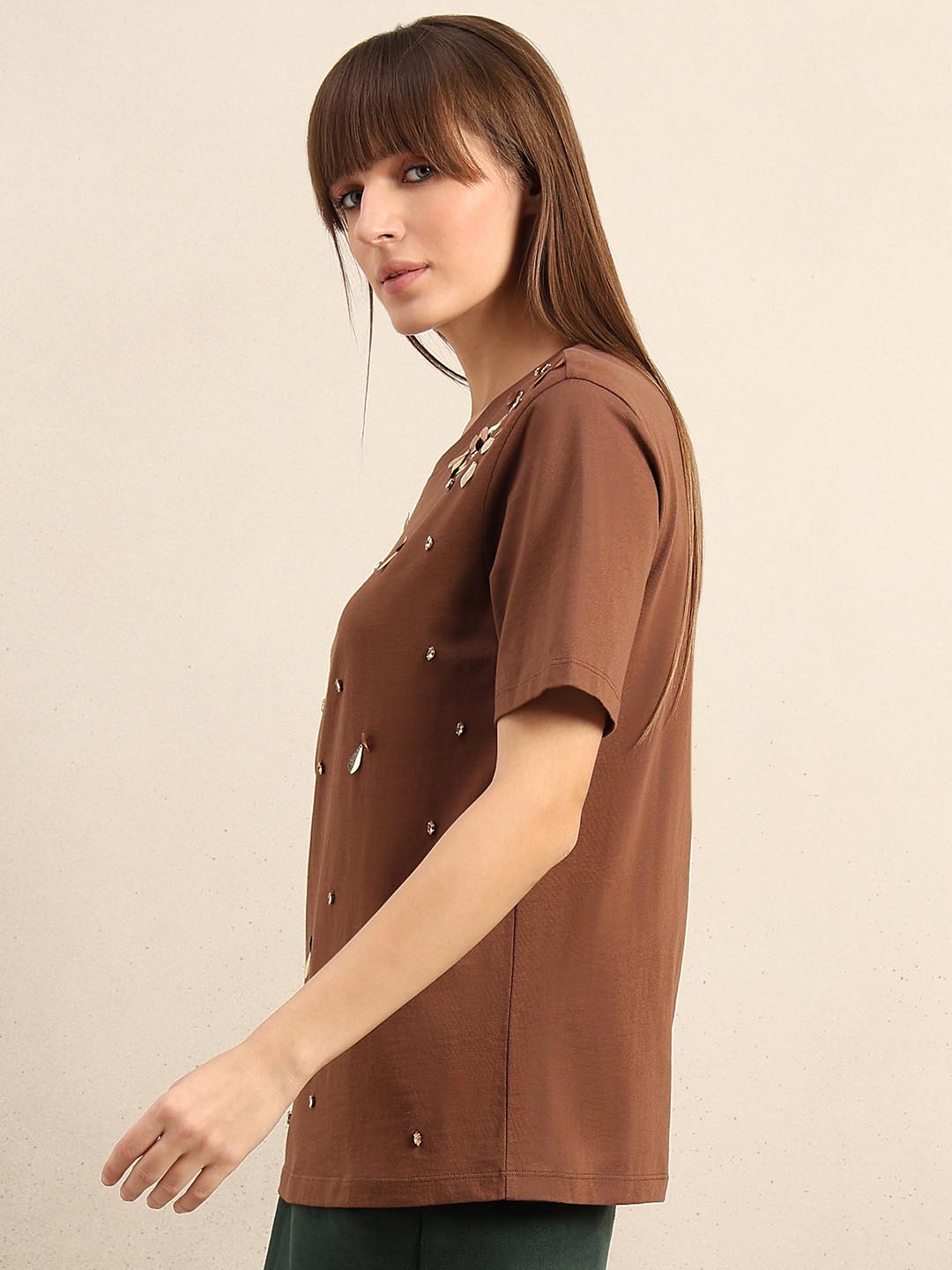 Brown Embellished Cotton T-shirt