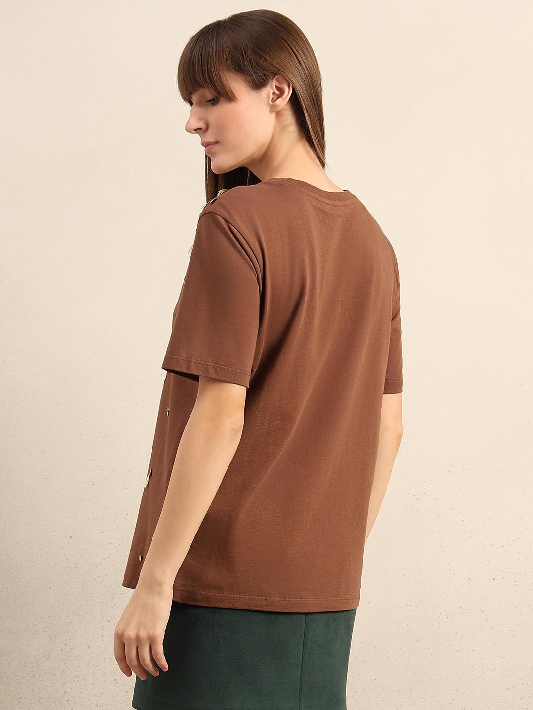 Brown Embellished Cotton T-shirt