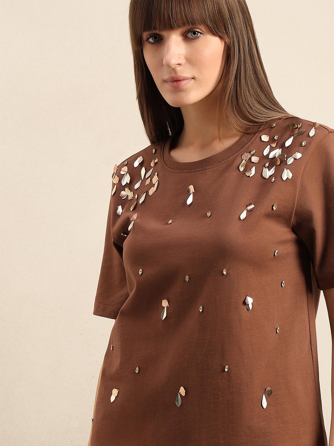 Brown Embellished Cotton T-shirt