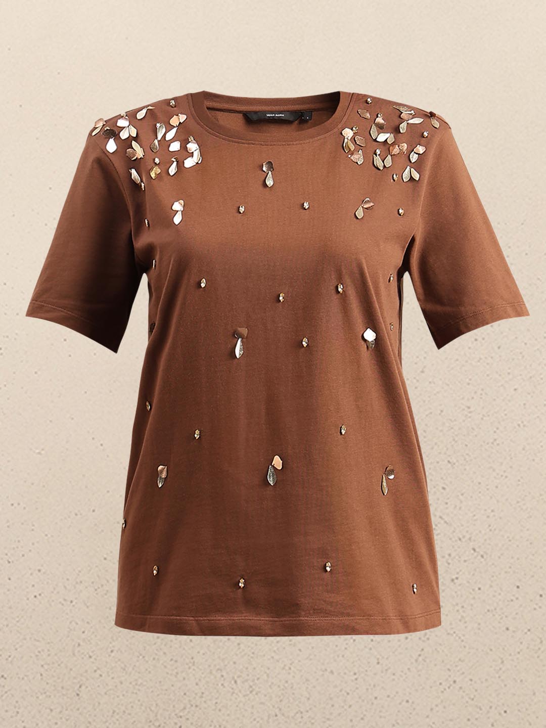 Brown Embellished Cotton T-shirt