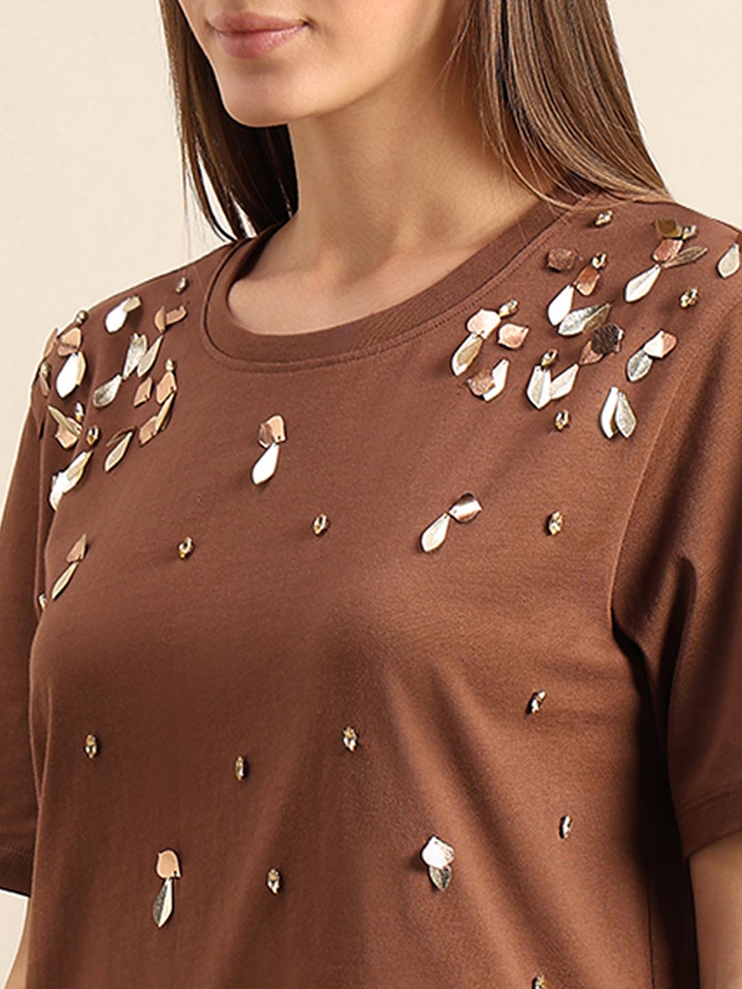 Brown Embellished Cotton T-shirt