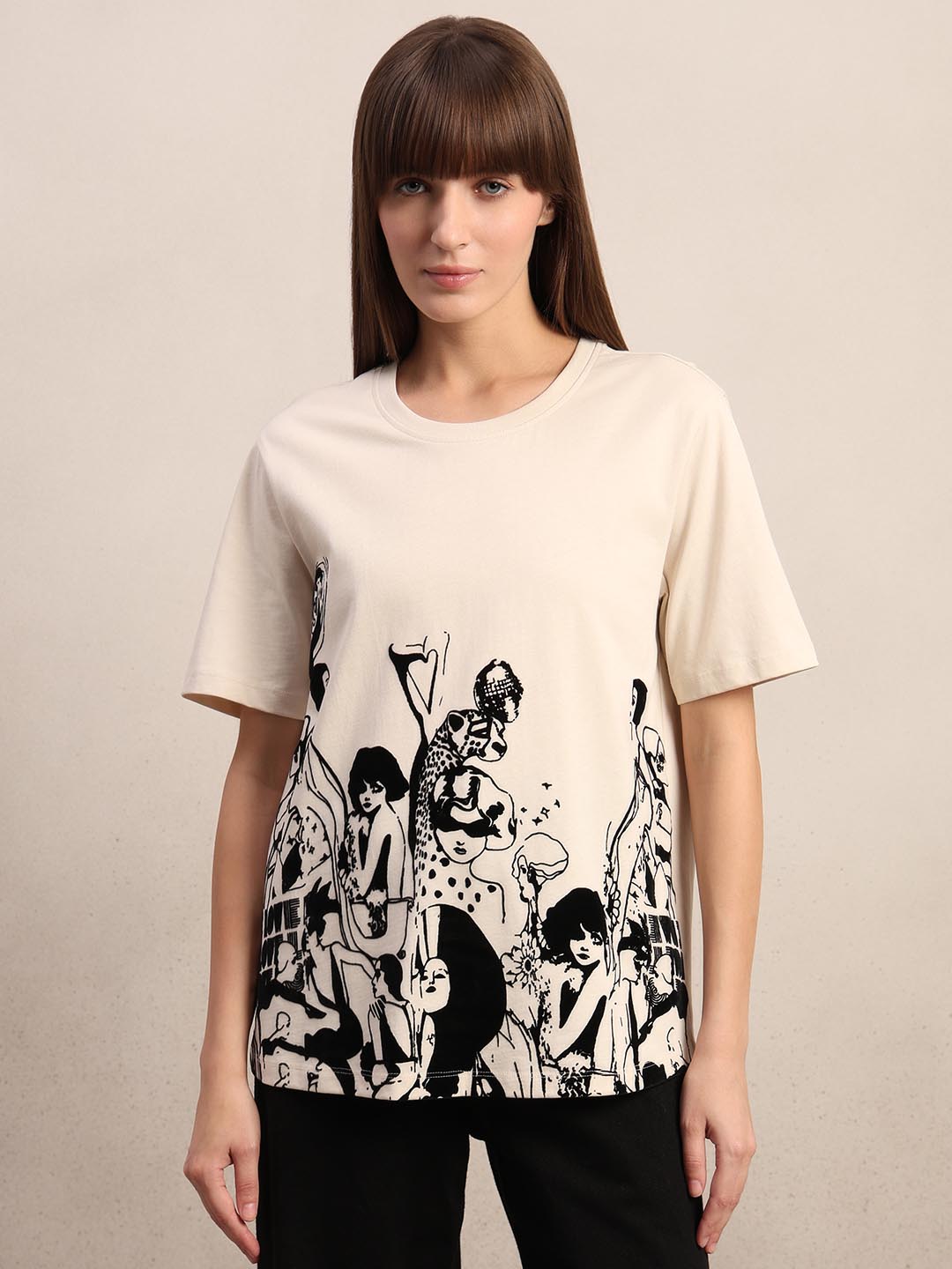 Ecru Printed Cotton T-shirt