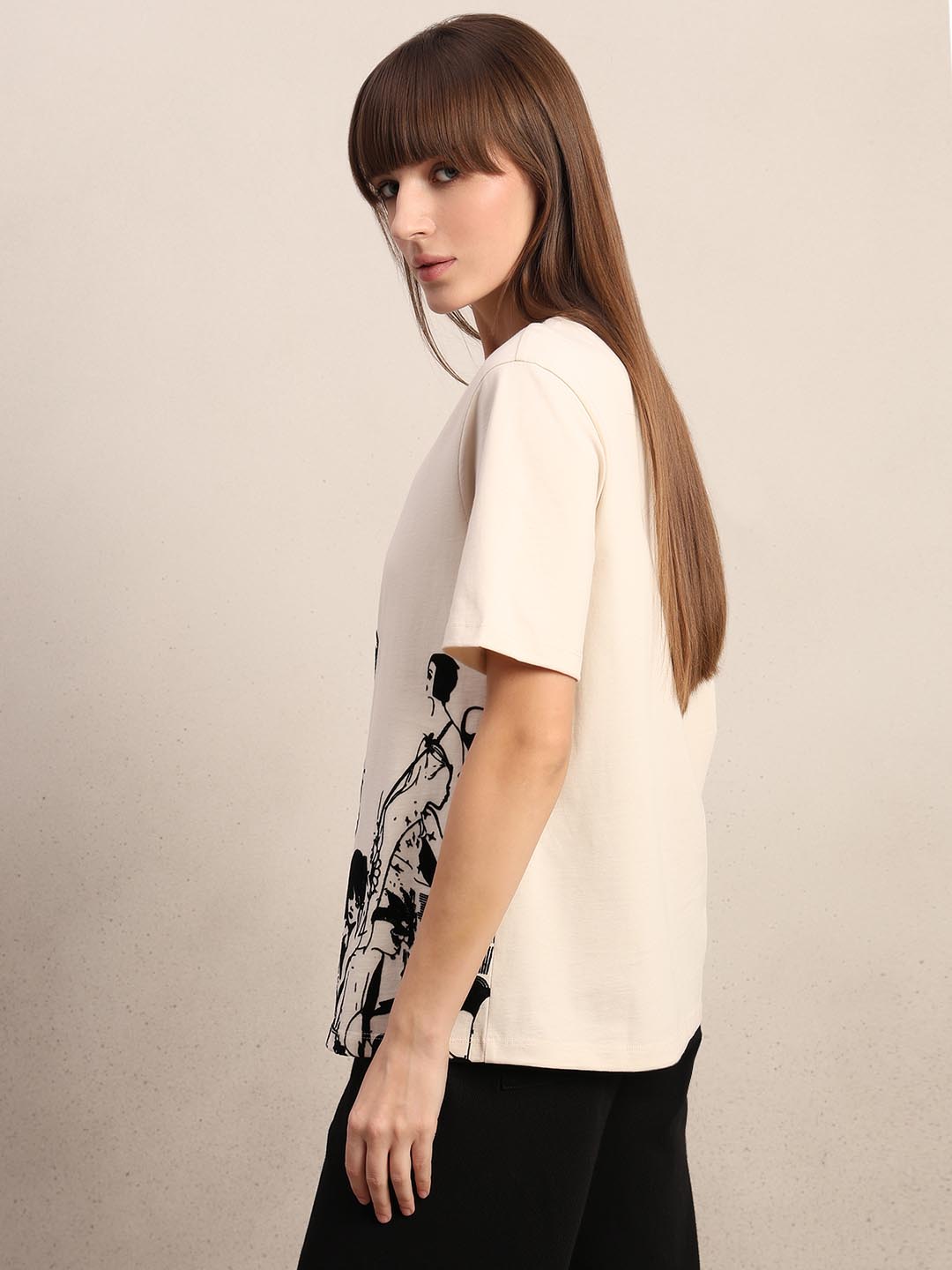 Ecru Printed Cotton T-shirt