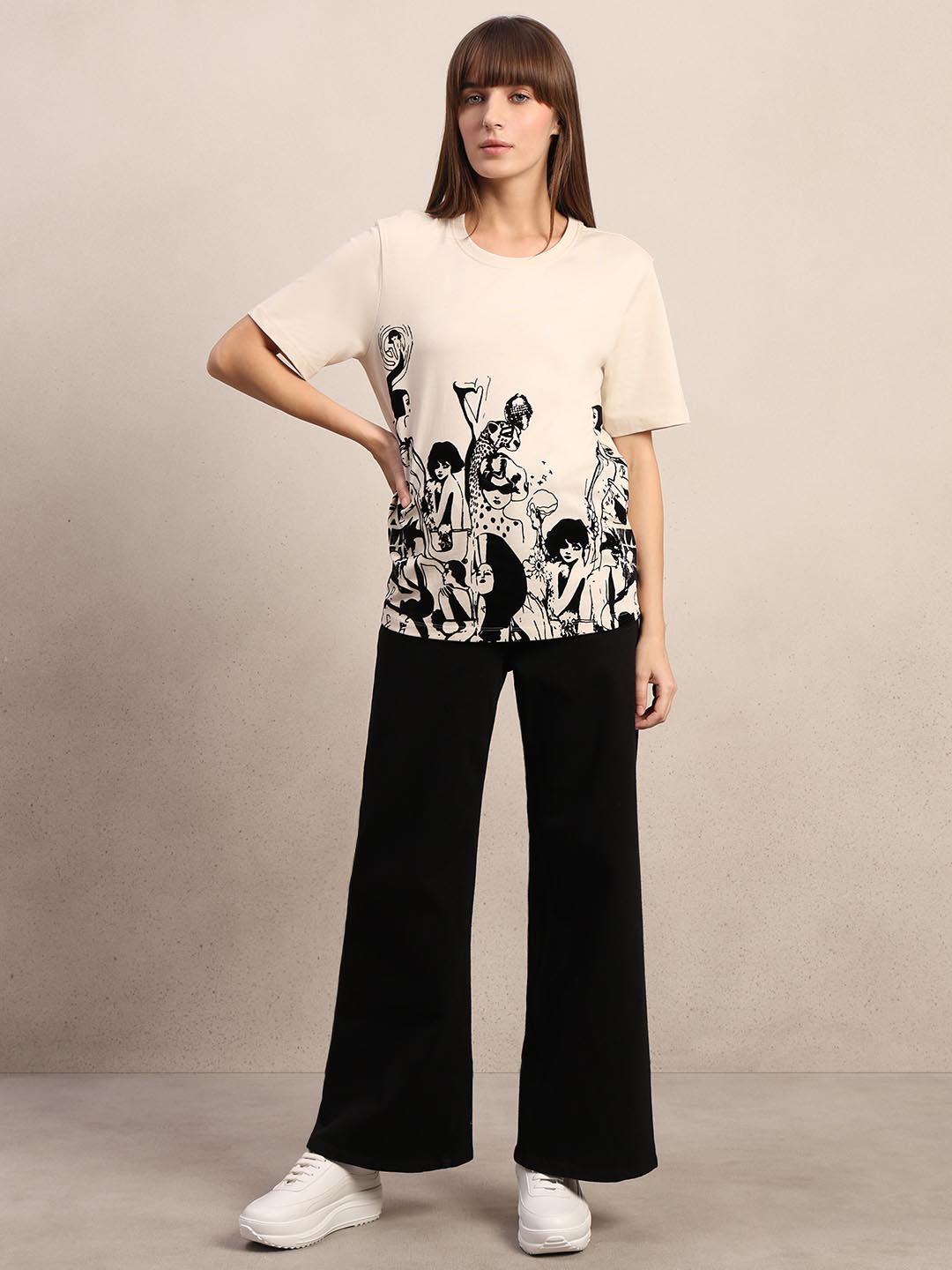 Ecru Printed Cotton T-shirt