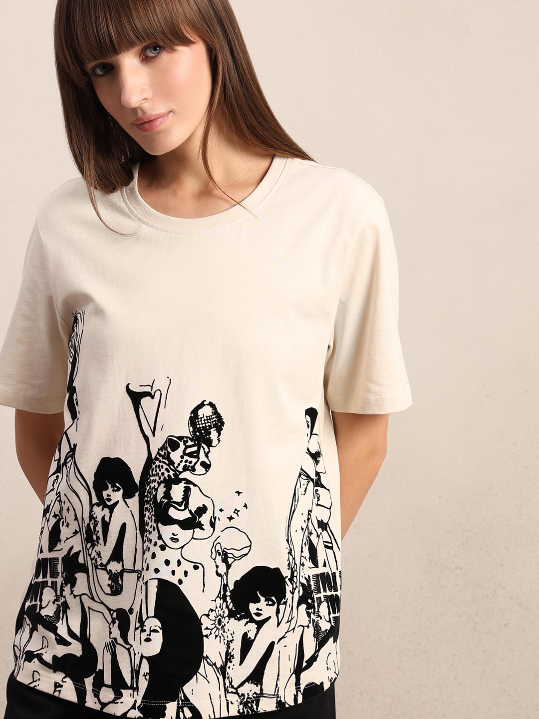 Ecru Printed Cotton T-shirt