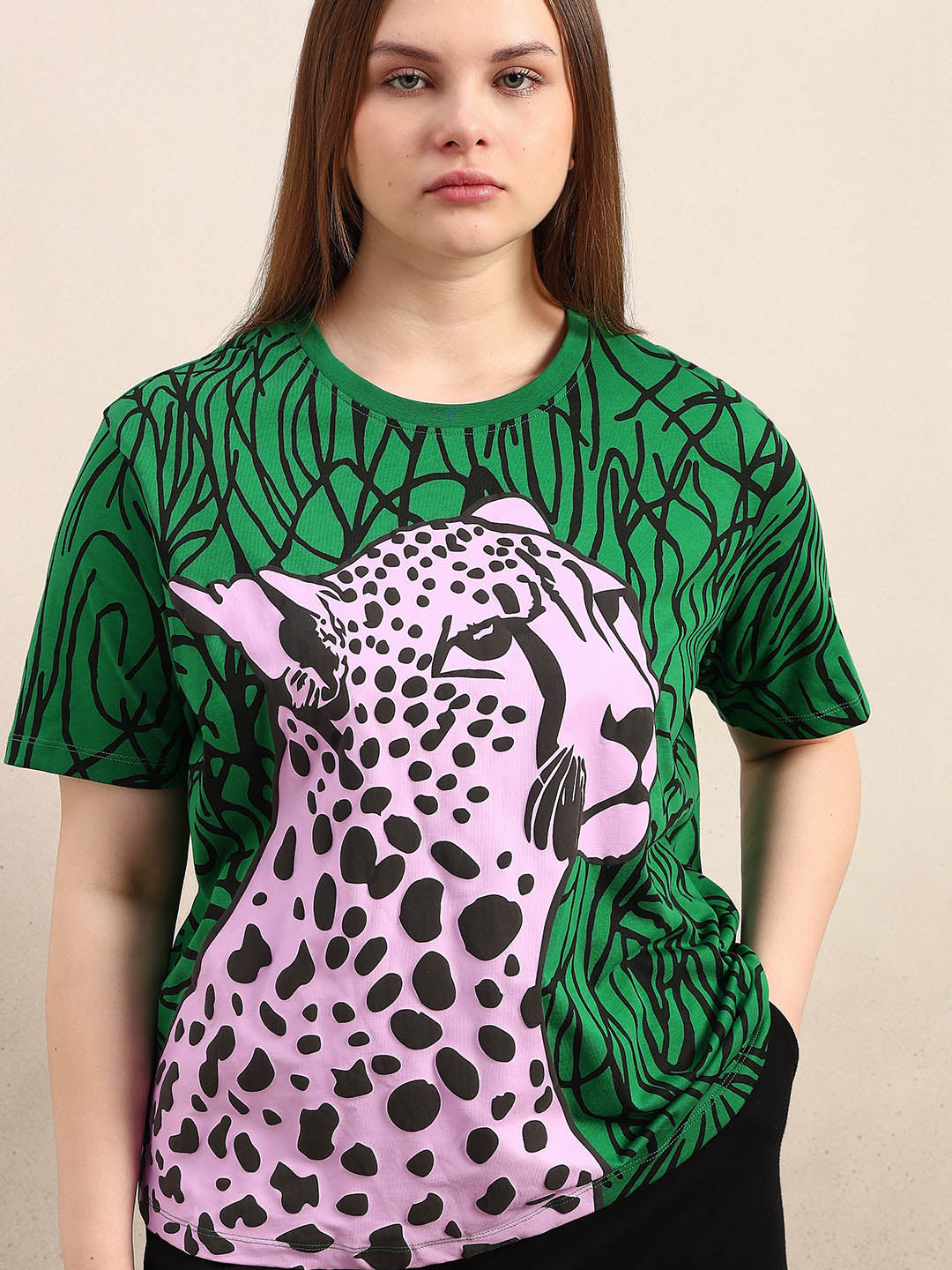 Curve Leopard Print Cotton T-Shirt