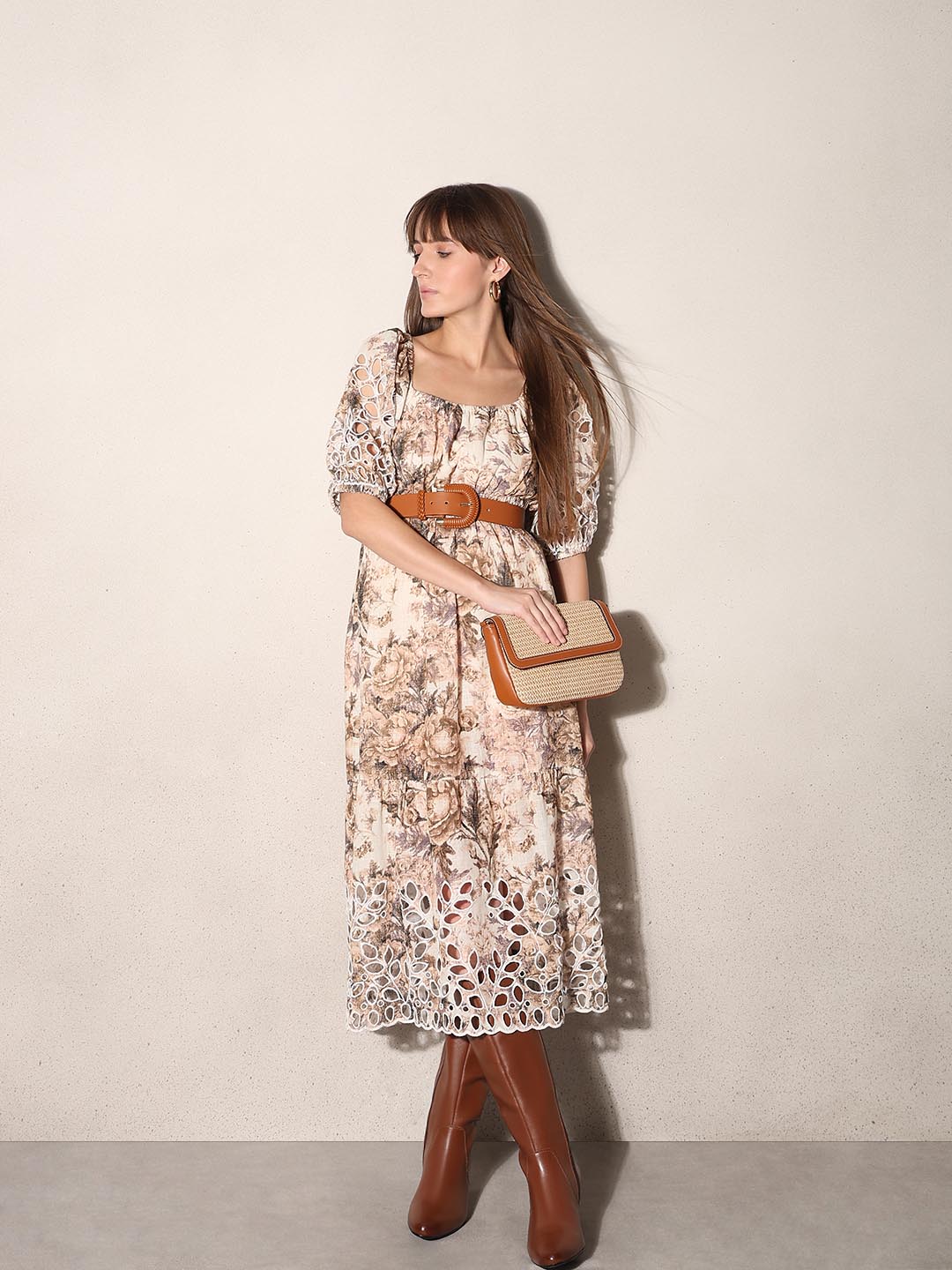 Ecru Printed Cut-Work Detail Dress