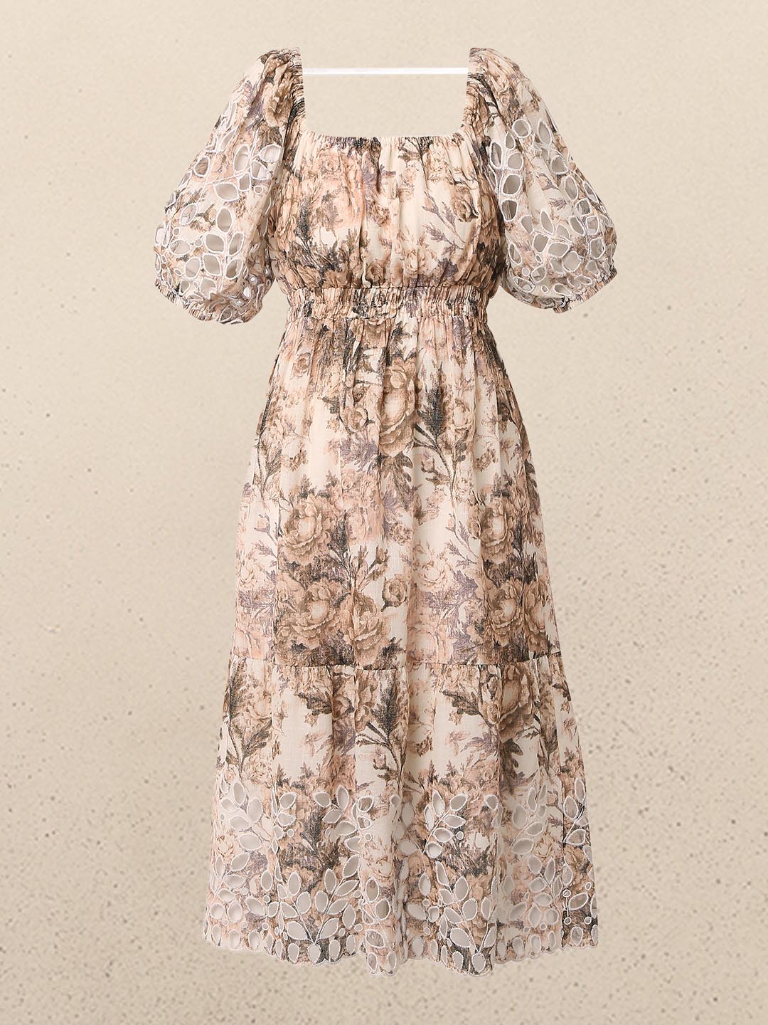 Ecru Printed Cut-Work Detail Dress