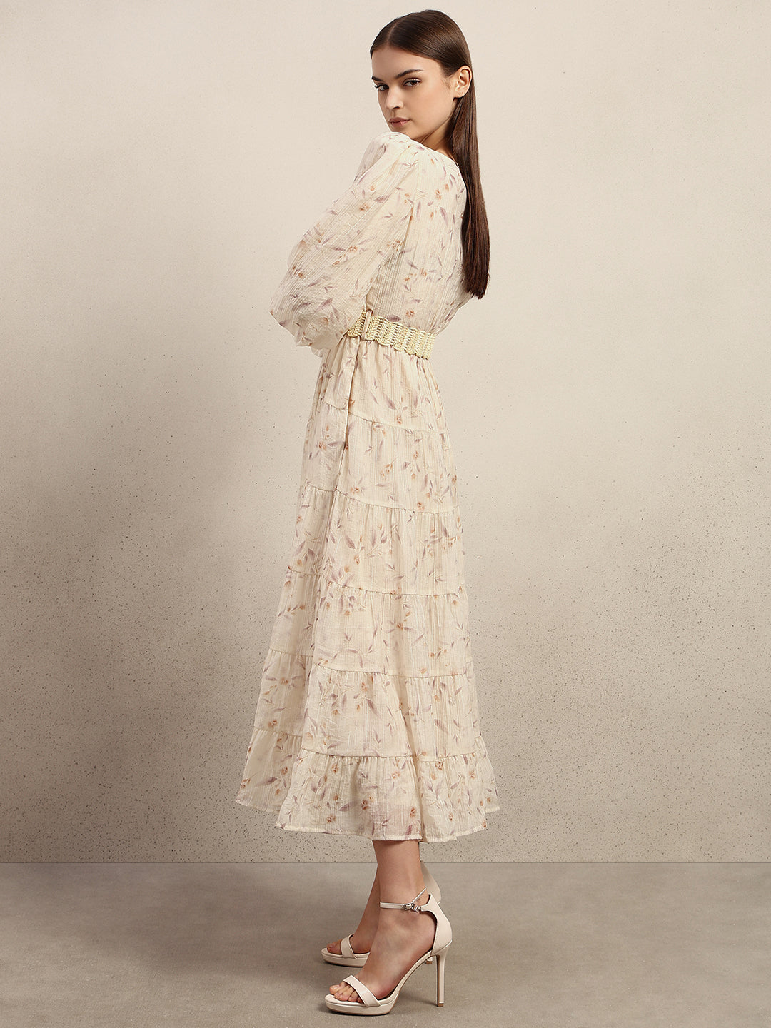 Ecru Floral Midi Dress