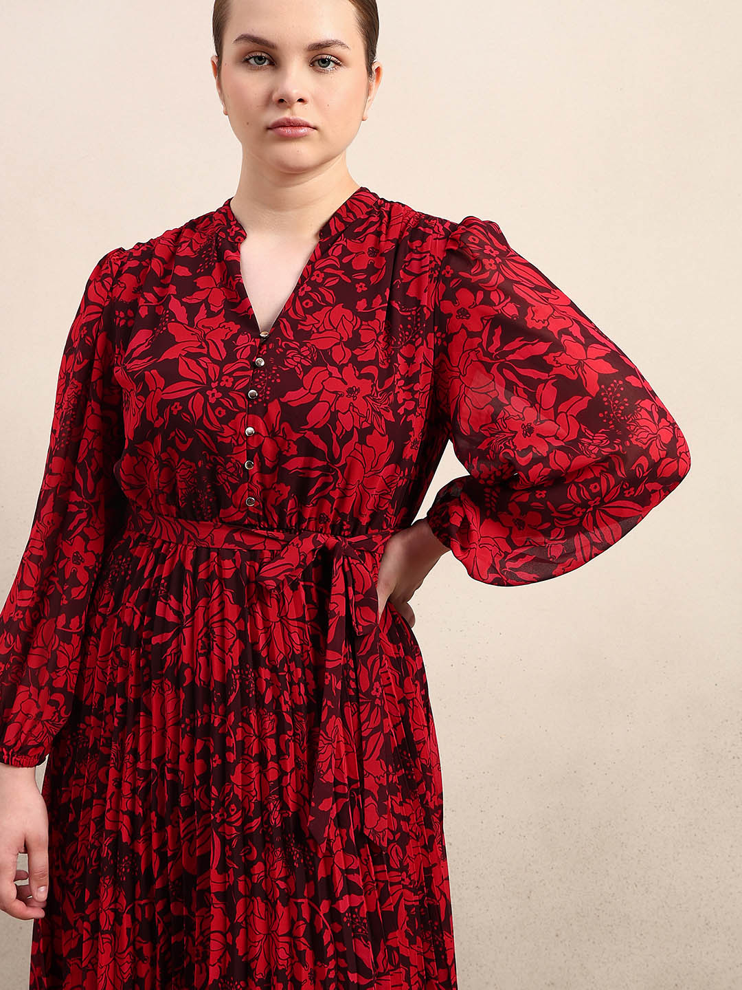 Curve Red Floral Pleated Midi Dress