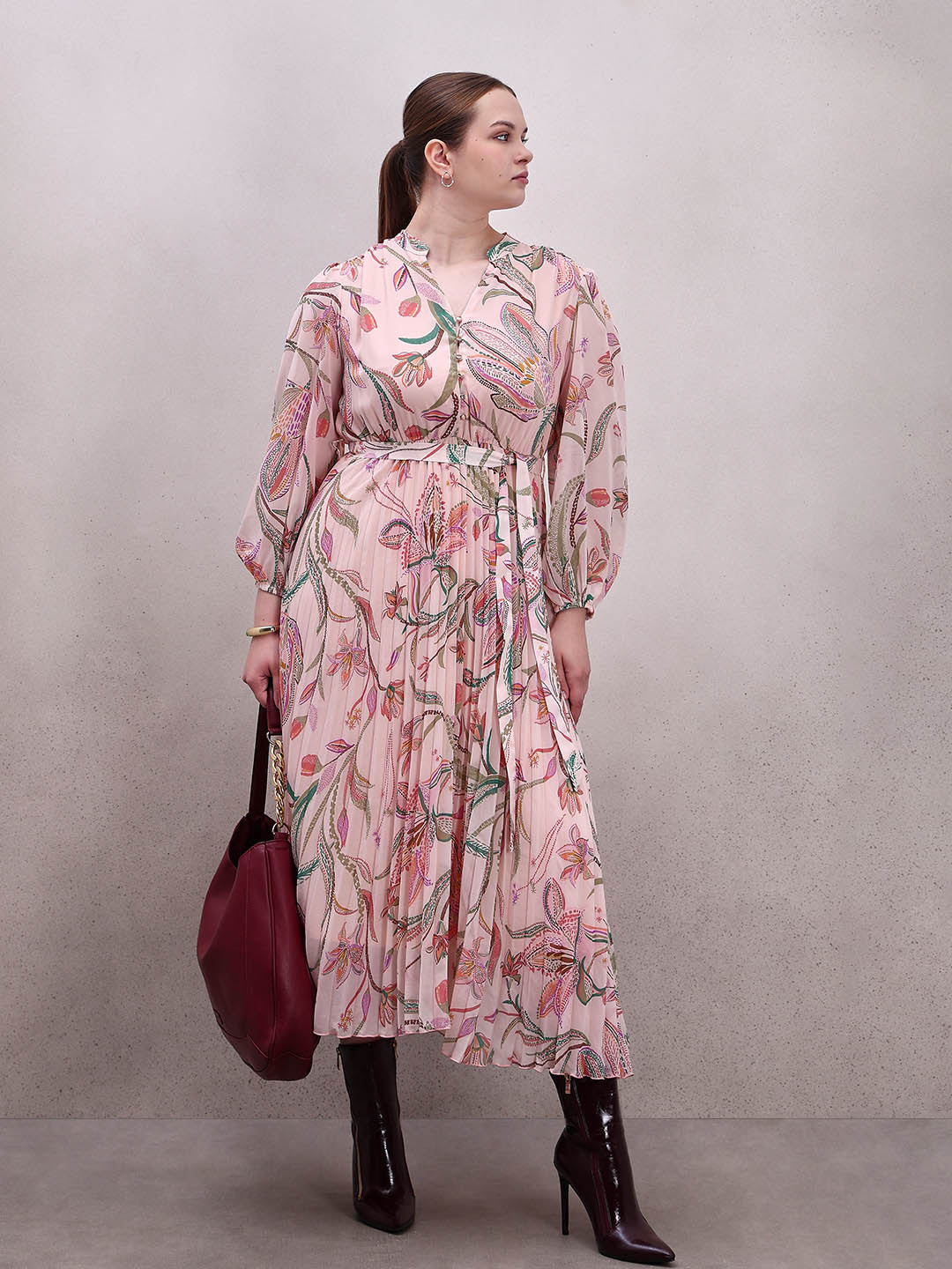 Curve Peach Floral Pleated Dress