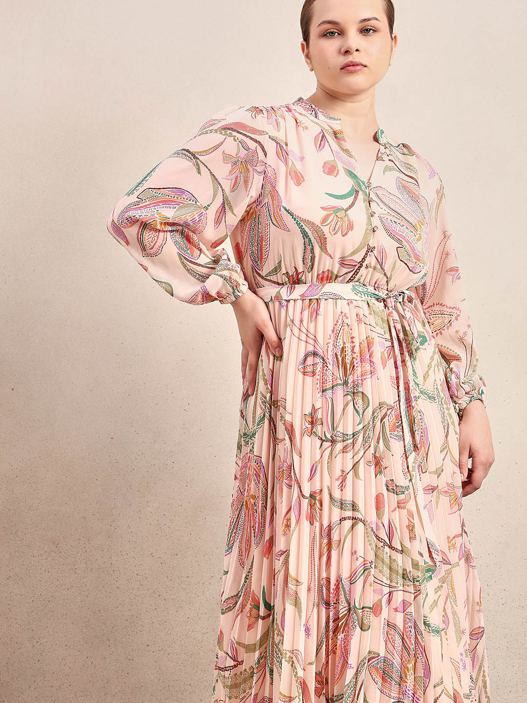 Curve Peach Floral Pleated Dress