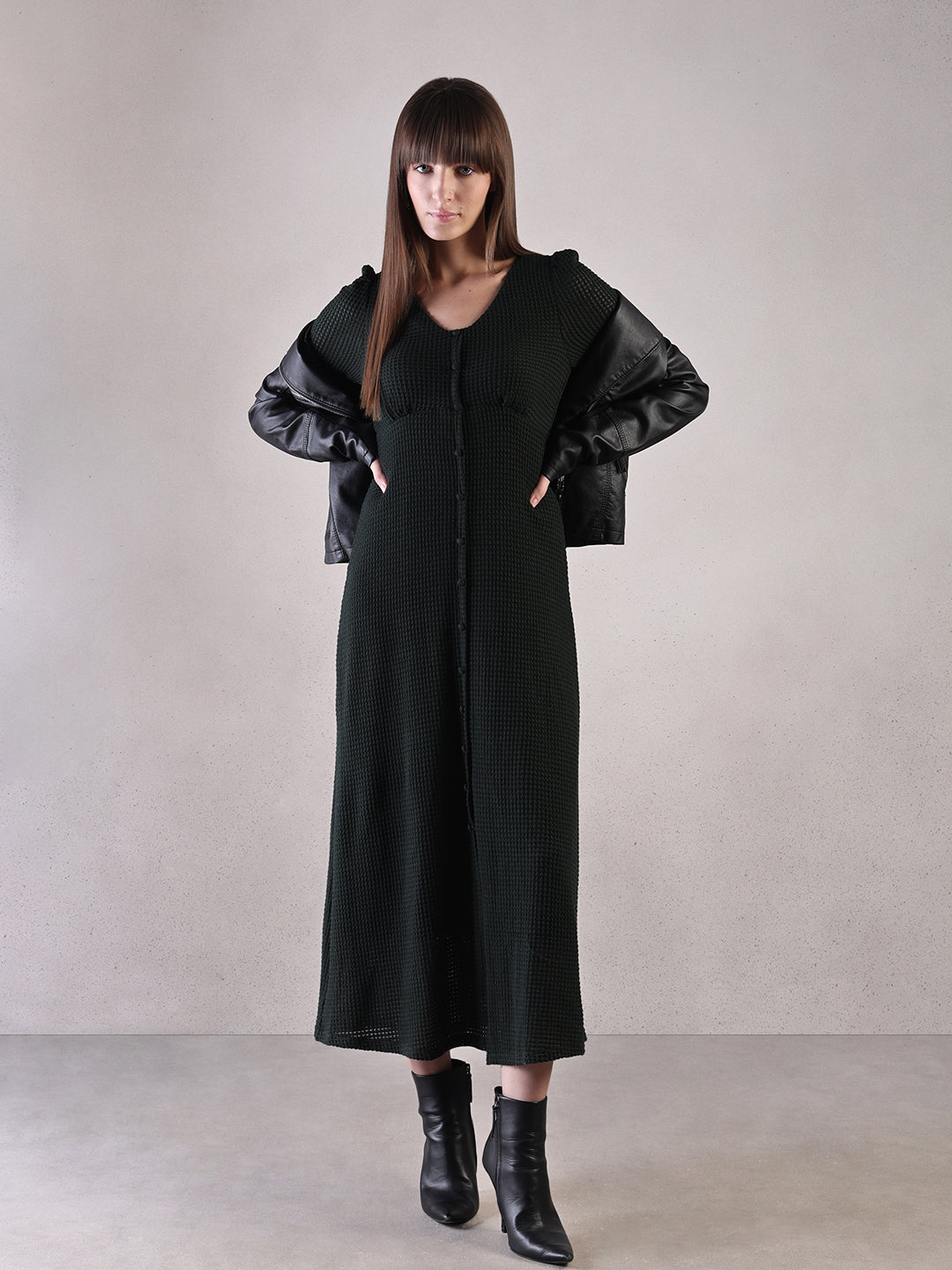 Button Detail V-Neck Midi Dress - Main Image