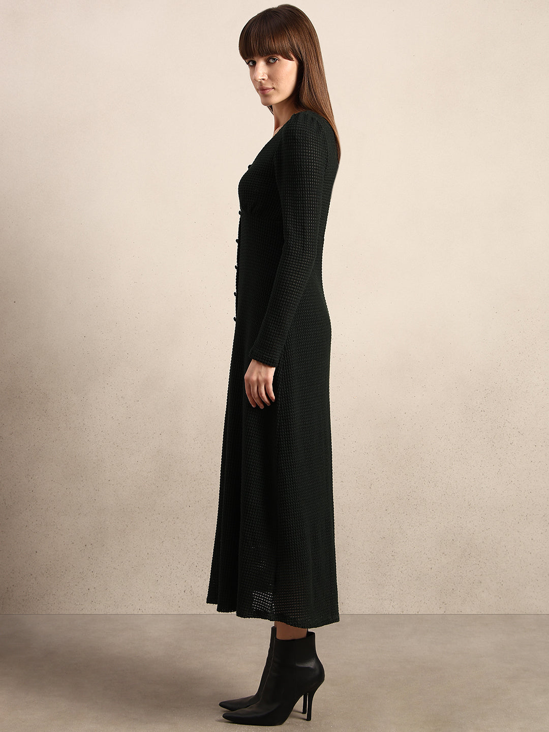 Button Detail V-Neck Midi Dress